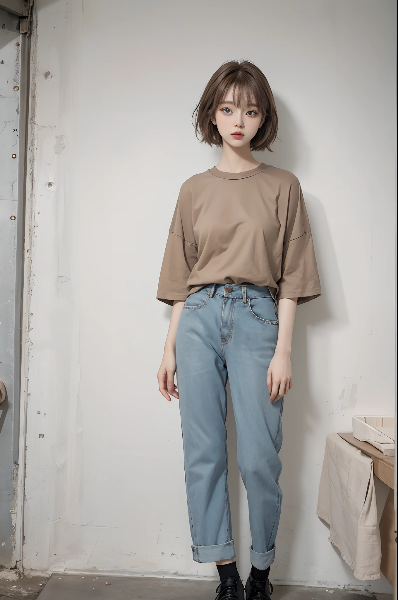 Top image quality、Raw photography、超A high resolution、An 18-year-old woman、Shooting for one person only、modelshoot、big round chest、tshirts、short trousers of black color、Beautiful Eyes of Details、very elongated eyes、Beautiful eyelashes、Beautiful double eyelids、white walls、Beautiful waist、very slender legs、Shorthair with light brown hair、very slender physique