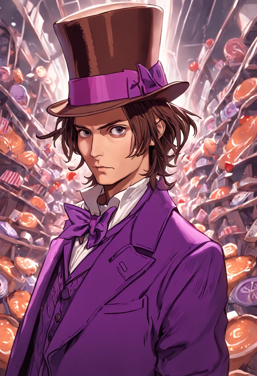 (((close rosto (Johnny Depp personagem Willy Wonka) The Fantastic Chocolate Factory))), (((Chocolate bar in hand))), editorial photo Vogue Italy, movies on Hasselblad H4D 200MS Digital Camera, (((Ultra realista))), (((super detalhada))), foto natural, Filmed by professional camera, corte americano, corte americano, enquadramento americano, HDR, 16k