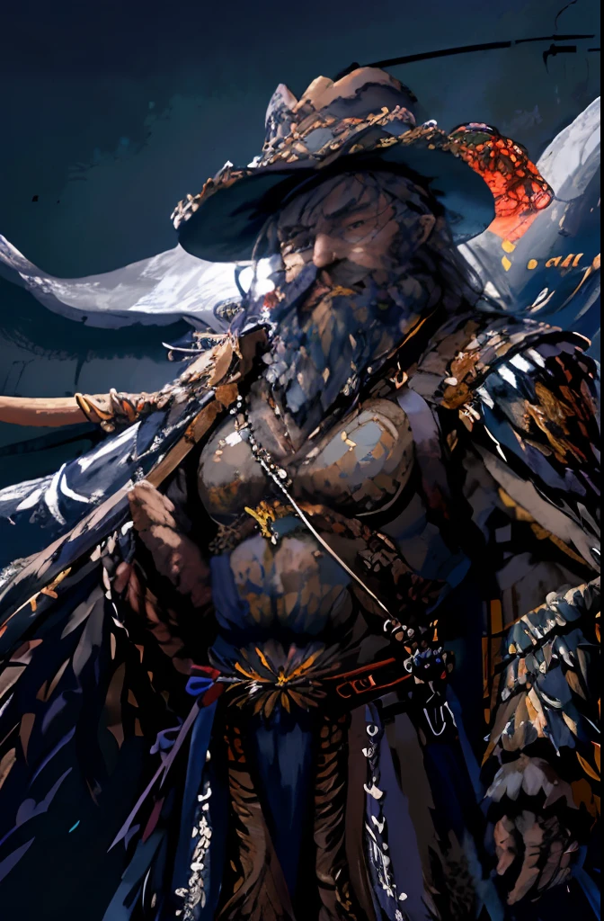 ostentatious (man), (a beard:1.2), old people、musculature、Smirk, masculine, Long Blonde Hair, Wearing a flower-like costume and a wide-brimmed hat,( In the G string:1.4), Wield a rapier on the waist, Full body