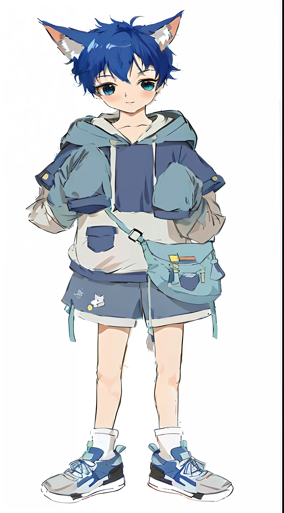 A close-up of a man in a cat costume and a bag, Style anime, anime set style, anime full body illustration, anime visual of a cute girl, 2 0 2 2 anime style, 2022 anime style, style in ghibli anime, style in ghibli anime style, cute huge pockets, Blue clothes, 2 d anime style, High Quality Anime Art Style