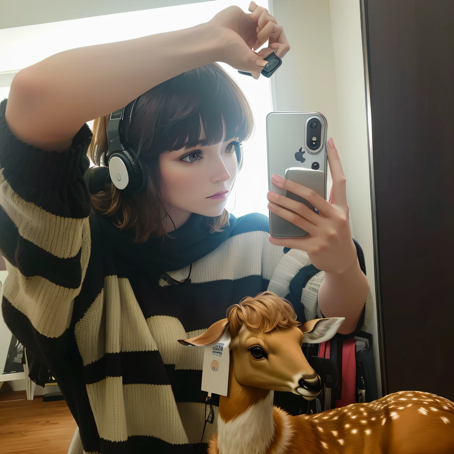 Woman with cell phone and stuffed deer using mobile phone to shoot, very accurate photo, tmasterpiece,Best quality photos, with a mirror, very very low quality picture, With bangs, non blurry, iphone capture, Mirror selfie,Mullet head short hair