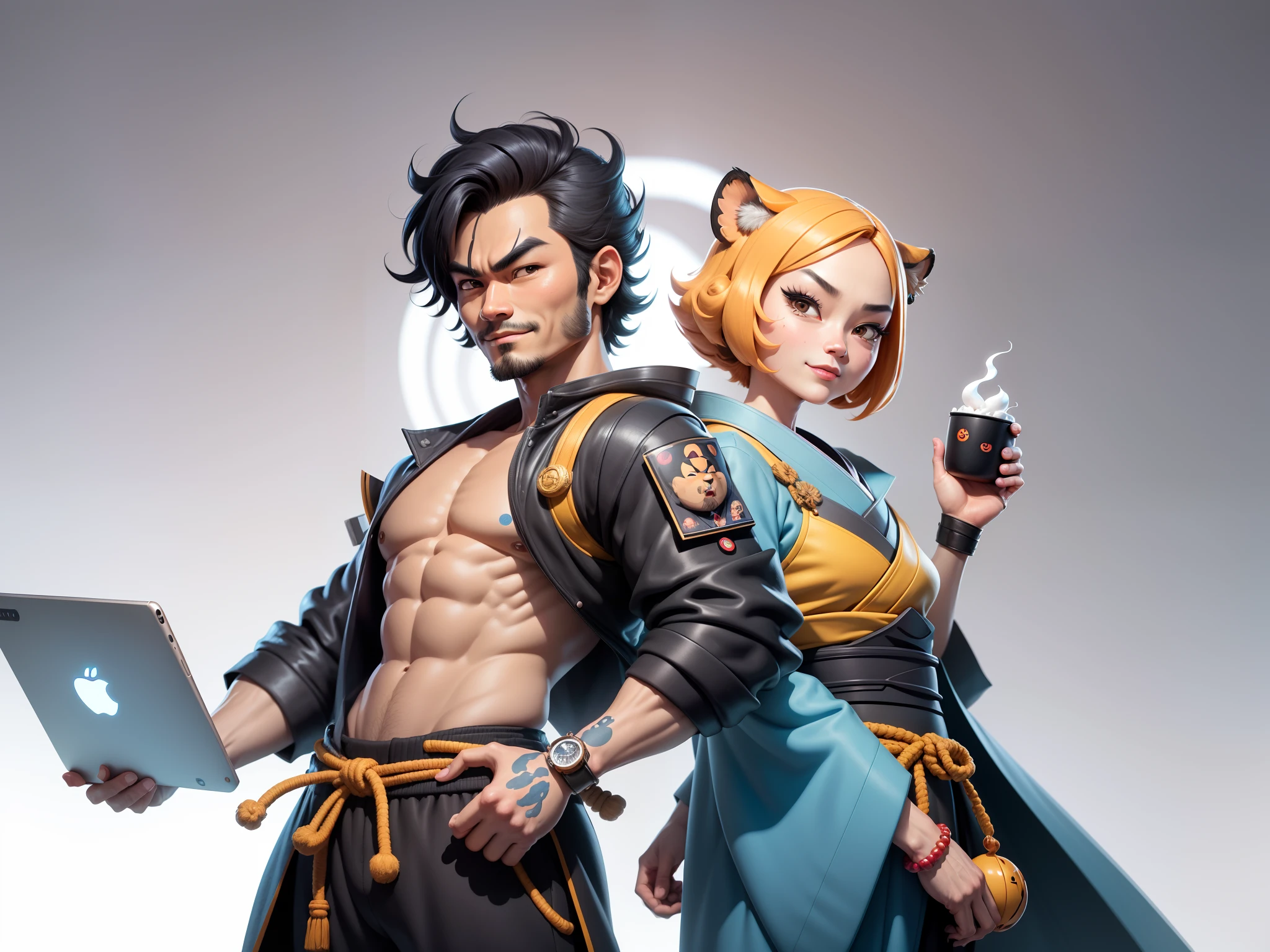 (Daisaku),(Need),(Super meticulous),(full bodyesbian:1.2),Super young man with Japanese geisha,Beautiful,orient,one tiger,Aeolian Thor,Raised sexy,爆乳,Oriental face,TV Anchor,Bust portrait illustration,In black suit,a blue tie,The face is slightly chubby,The face was clean,without a beard,Black super short hair,Black eyes,Smile confidently,3C computer sub-products,iPad, iphone,Digital painting,3D character design by Mark Clairen and Pixar and Hayao Miyazaki and Akira Toriyama,The illustration is a high-definition illustration in 4K resolution,With very detailed facial features and cartoon-style visuals。