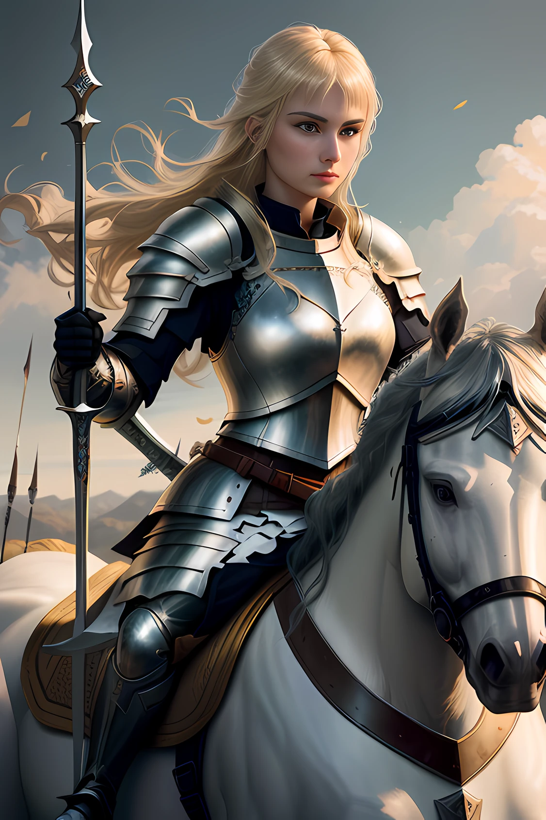 Blonde woman in armor riding on a white horse with a spear, of a beautiful female knight, beautiful female knight, Female knight, girl in knight armor, portrait knight female, portrait of female paladin, fantasy paladin woman, gorgeous female paladin, wojtek fus, Paladin, magali villeneuve', fantasy knight, graphic artist magali villeneuve