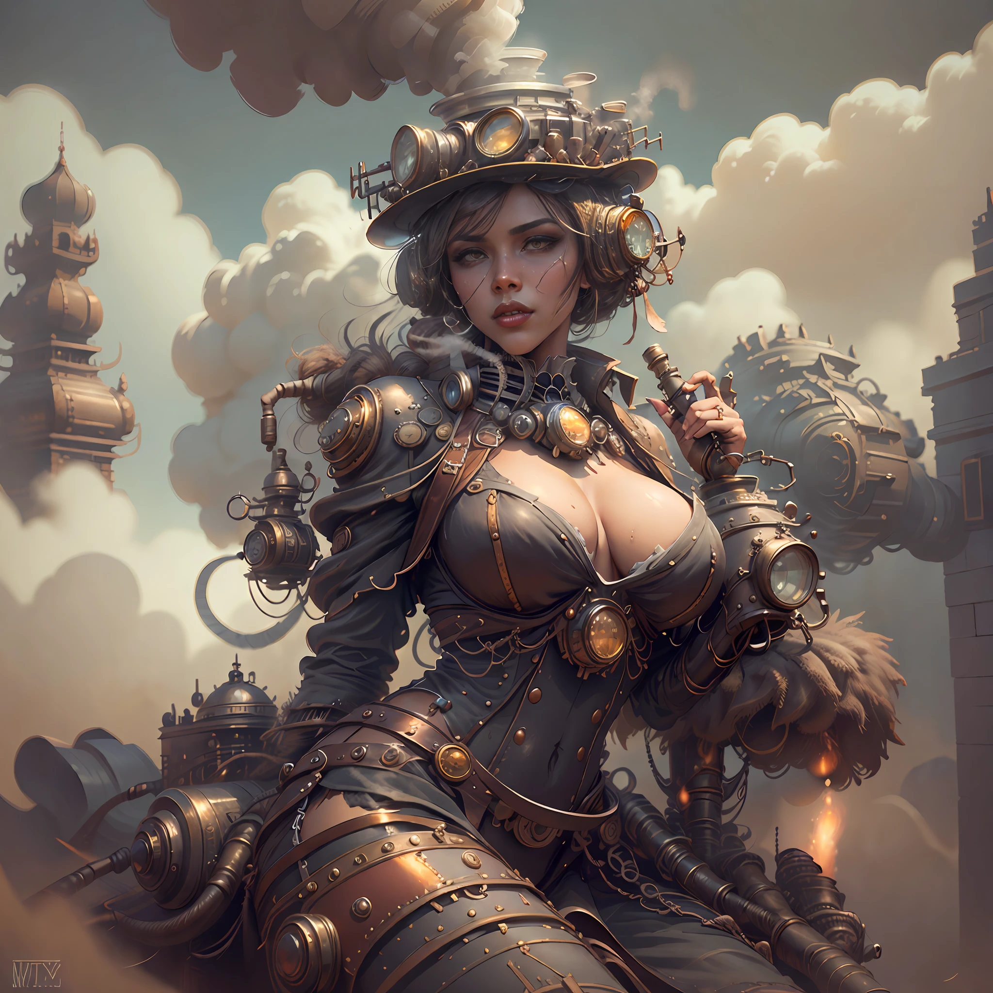 There's a sexzy russian woman with a steam-powered dusky skin, Royal look,helmet, arte conceitual steampunk, sexzy full body view,soft big breast,sitting like a queen,dark smoke fog background,arte steampunk digital, arte steampunk de alta qualidade, Wojtek FUS, arte digital steampunk, detailed wild steampunk illustration, shape eyes, full lips. slim body, breathtaking beauty, vibrant, comprehensive cinematic, 8k, cinematic lighting, best quality, 4k