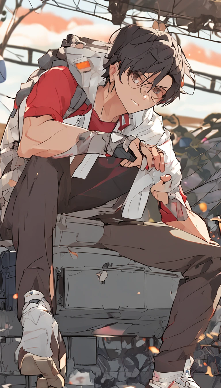 Full body depiction、Angle from below、In public、Squat pose with both hands on the head、Handsome middle-aged man、Asian、red tide、Embarrassed look、Open both legs、penises、testicle、armpits hair、pubick hair
