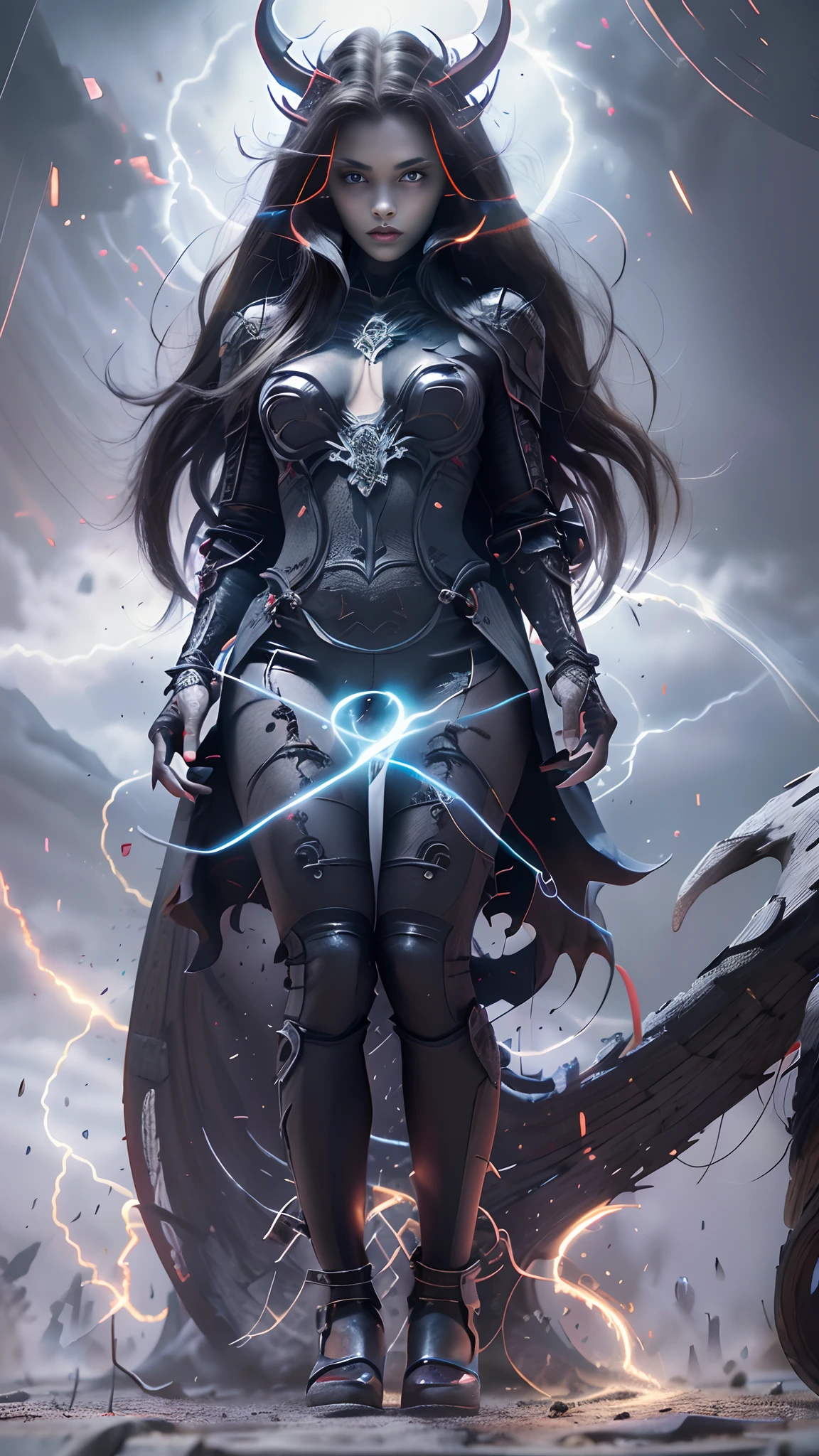 (Masterpiece), in full black demon armor, Top Quality, Expressive Eyes, Perfect Face, Red skin, Feathers on Legs and Arms, Demon woman, light magic, Fireball palm spell, 8k_wallpaper, highly detailed eyes, body detail very tall, very detailed fingers, (digital artwork), (detailed manga illustration), (detailed line art), (perfect)) ???????, best hand)), (intricate detail: 1.3), (very detailed: 1.3 ), (illustration :1.3 ), (sharp focus:1.3), (natural light:1.05), (bright color:1.3),