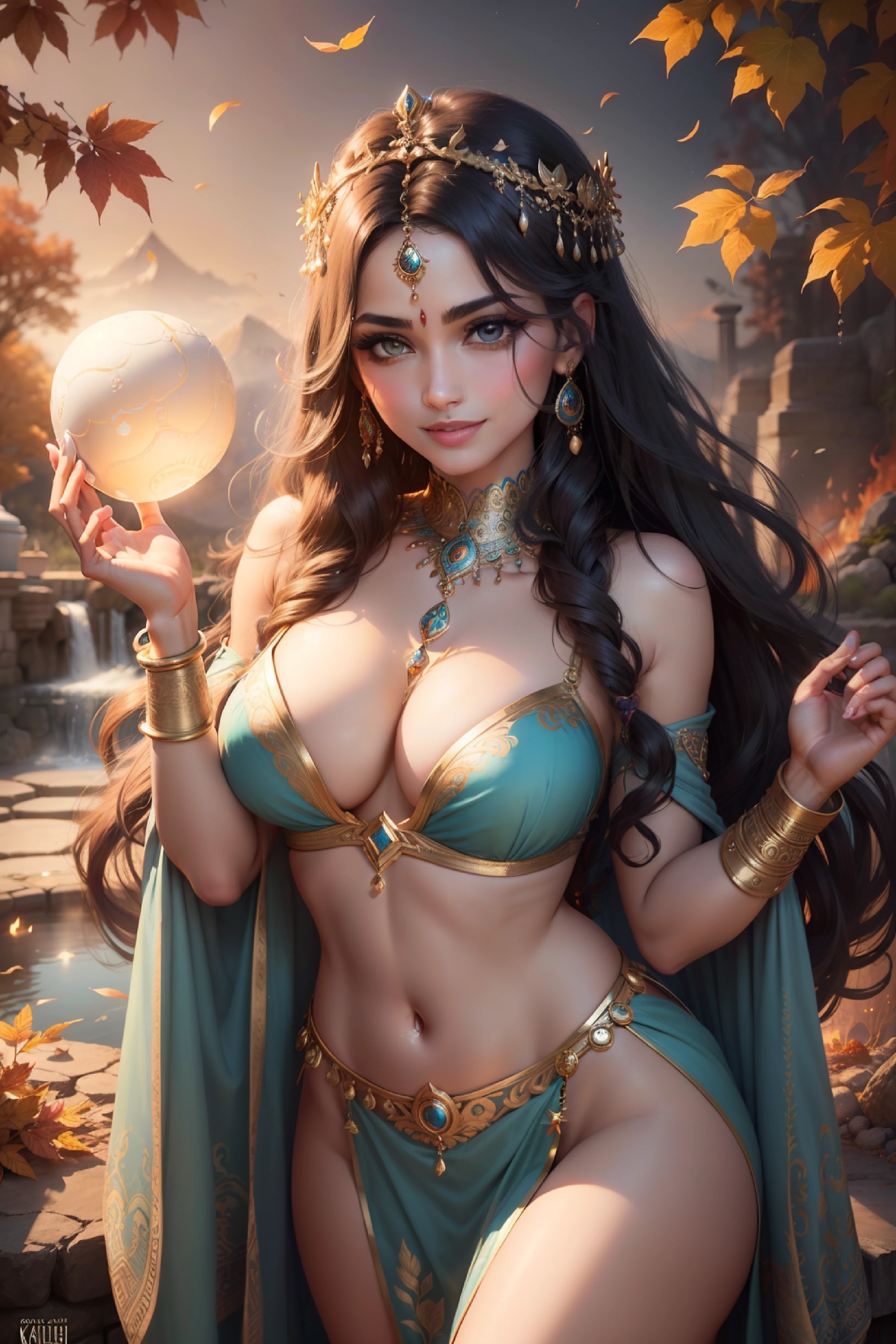 Benevolent ultra beautiful Goddess of enchantment, enchantress goddess who can enchant anyone with his beauty, a blue electric halo above her head, fire ball in one hand, a ball of cool spring and autumn airs in one hand,  beautiful indian face, dove eyes, kajal eye liner eyes, gentle feautures, standing on a curve of wavy waters, smile as seducing someone, seductive body, cleavage visible, indian version of female cupid and goddess of seductive beauty