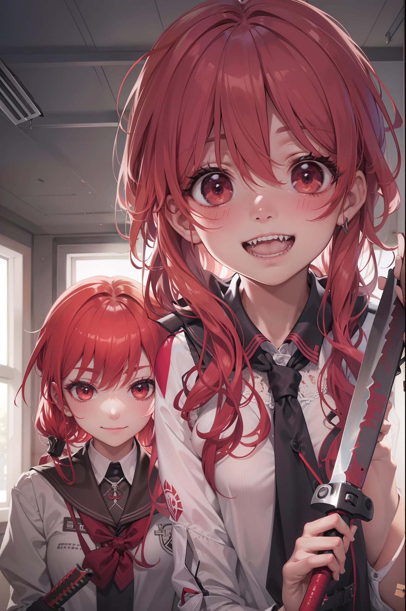 Unpleasant smile of a girl who loves knives in a school classroom、Niccoli holding a survival knife in one hand、Psychopath horror、Red-haired、terroral