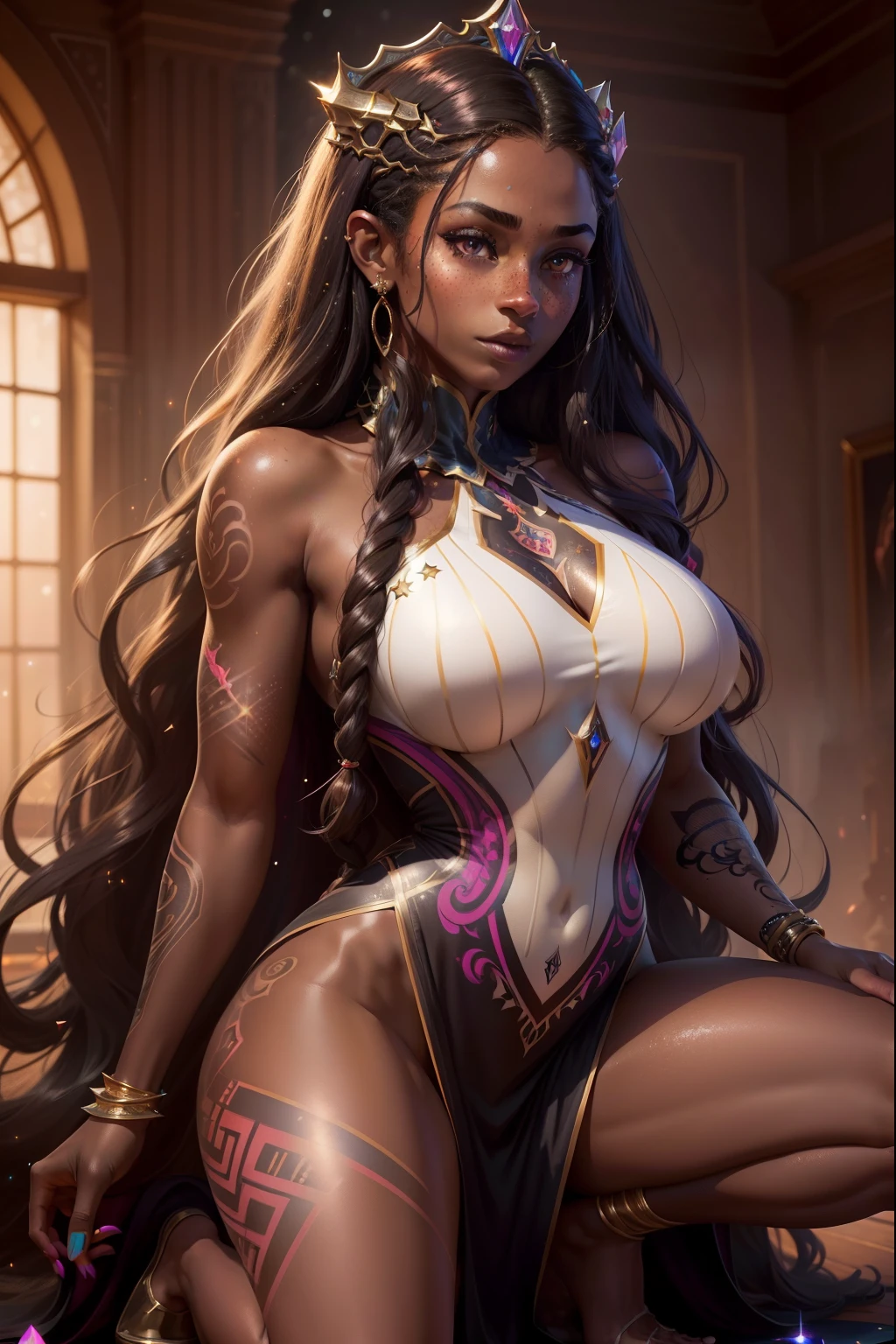 full body portrait of a beautiful woman, squatting spread legs, ((perfect feminine face)), (+long colorful wavy hair), (glitter freckles), glitter, wearing a dress, intricate, 8k, highly detailed, volumetric lighting, digital painting, intense, sharp, focus,character design concept art, (dark skinned:1.3), evil, (regal), monarch,athletic body, ((tattooed))