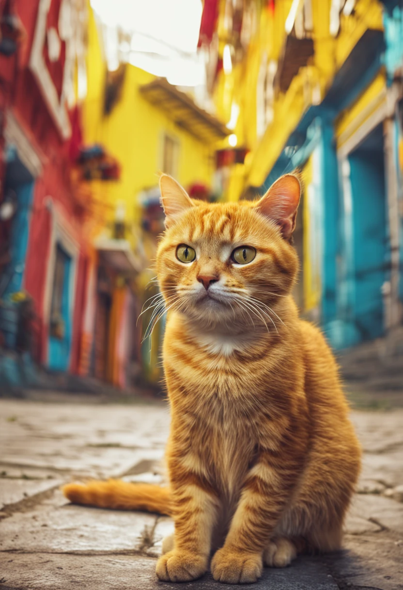 um gato amarelo com um fundo colorido