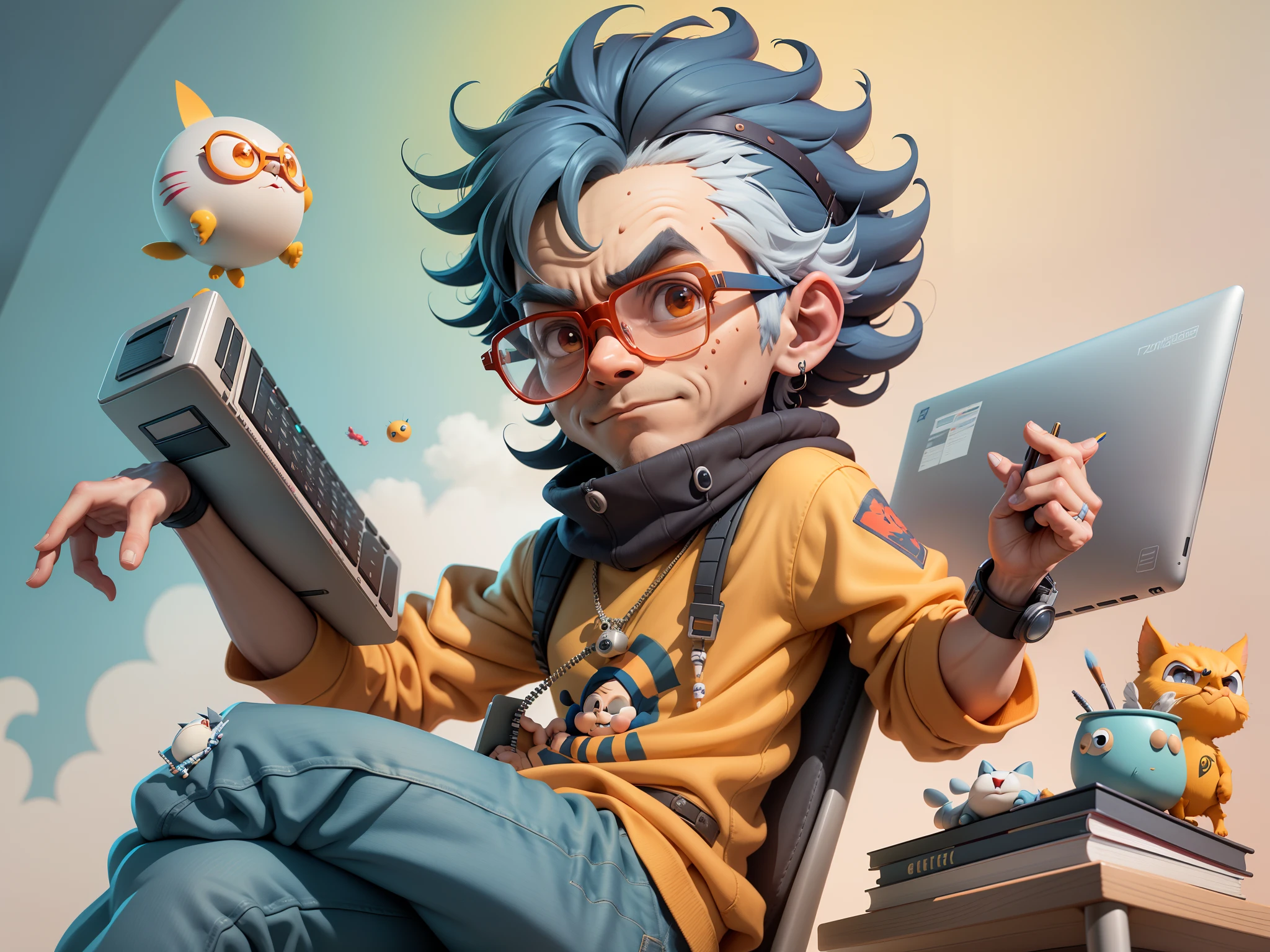 A young man with glasses sits at his desk,holding laptop,digitial painting,3D character design by Mark Clairen and Pixar and Hayao Miyazaki and Akira Toriyama,4K HD illustration,Very detailed facial features and cartoon-style visuals。