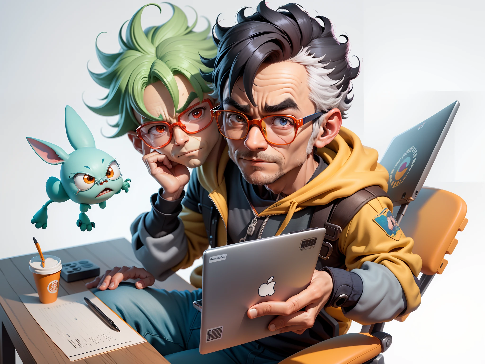A young man with glasses sits at his desk,holding laptop,digitial painting,3D character design by Mark Clairen and Pixar and Hayao Miyazaki and Akira Toriyama,4K HD illustration,Very detailed facial features and cartoon-style visuals。