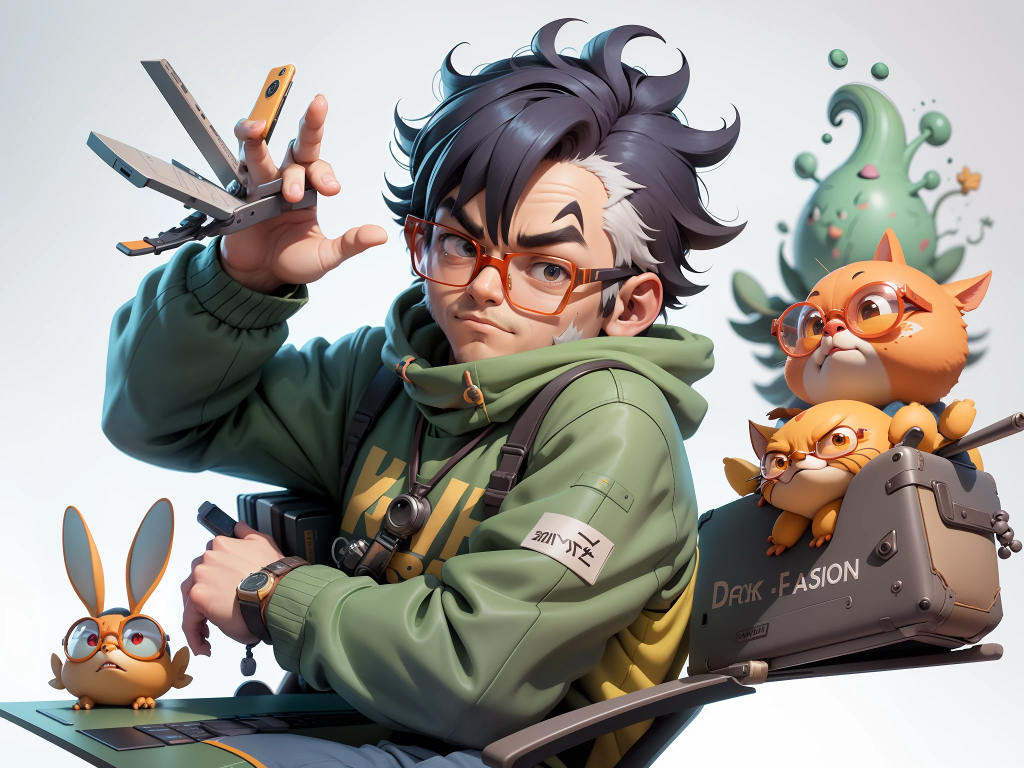 A young man with glasses sits at his desk,holding laptop,digitial painting,3D character design by Mark Clairen and Pixar and Hayao Miyazaki and Akira Toriyama,4K HD illustration,Very detailed facial features and cartoon-style visuals。