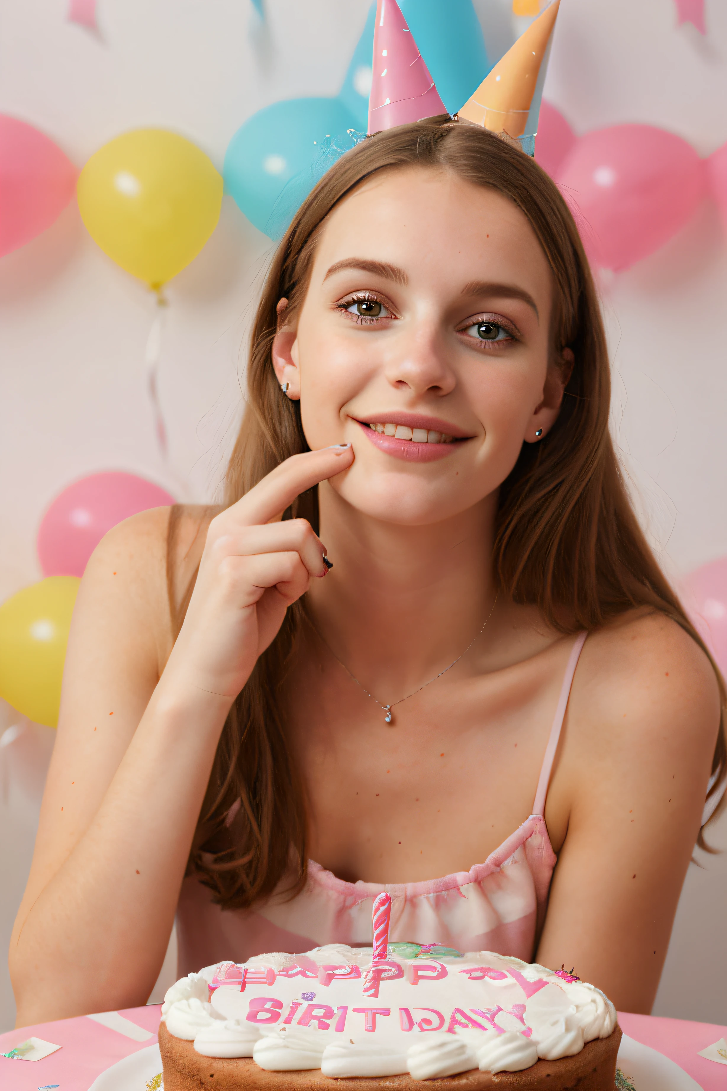 photo of young woman, birthday party, a cake