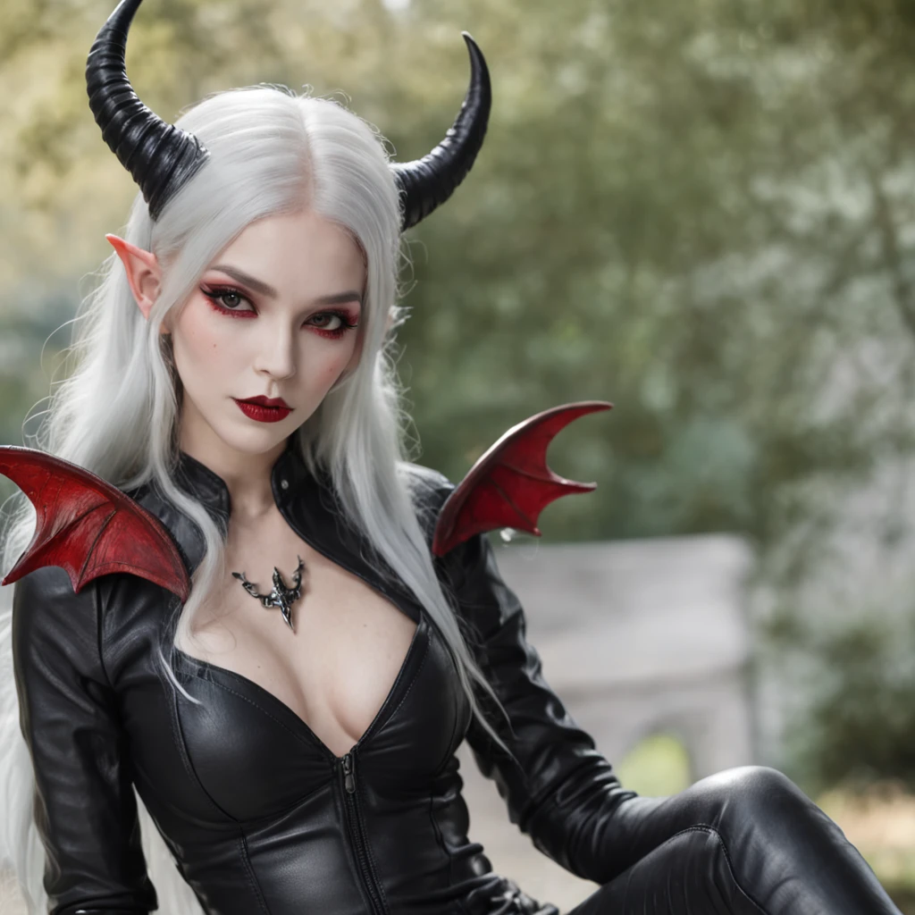 one woman, White skin, long white hair, one red lock of hair on the right side, (two thin and long black horns slightly curved inside, one blue eye and one brown eye, two small red dragon's wings, elf ears, dressed in skintight black leather, knee high black leather heeled boots, big brest, sitting on a "dragon's skull, full body,