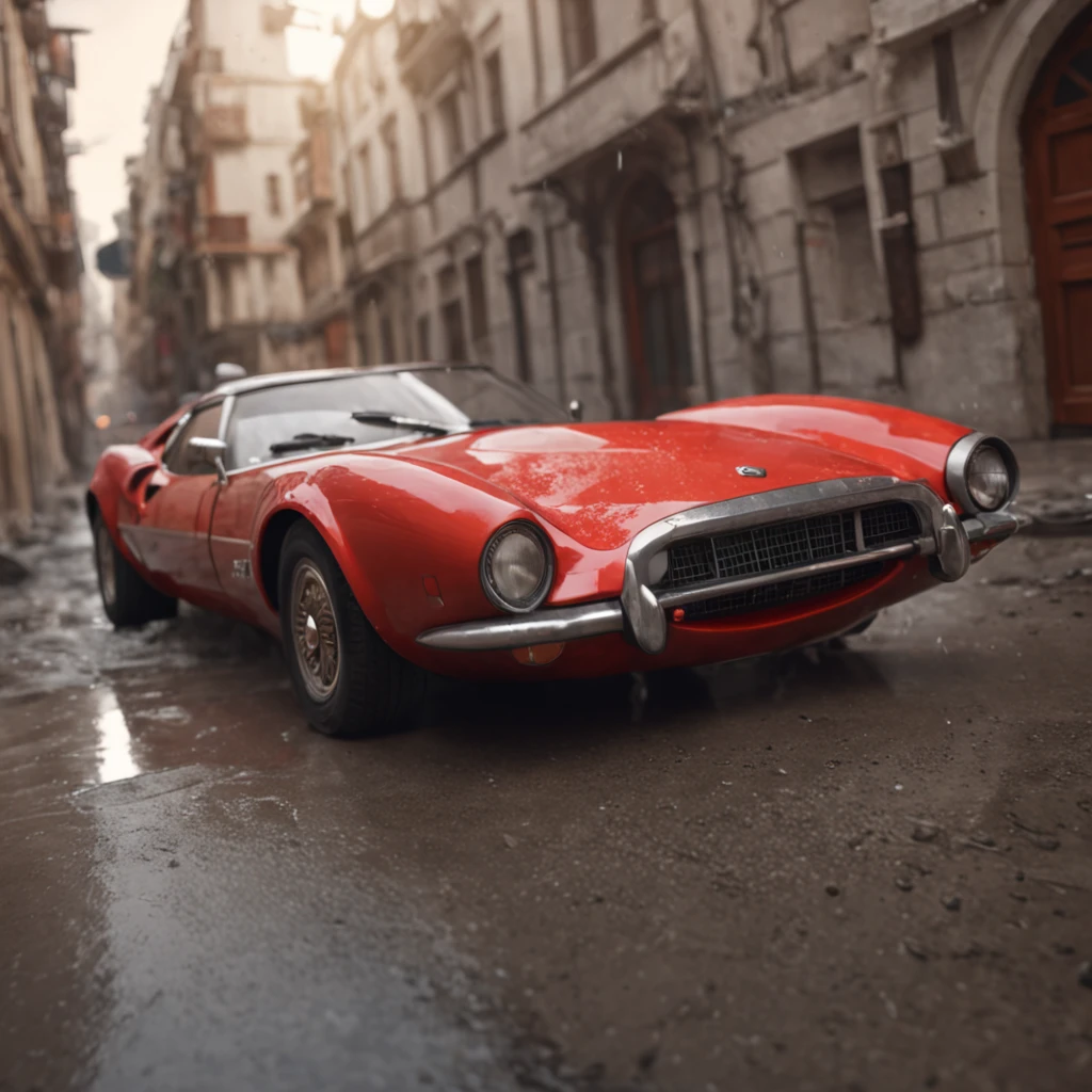 (Professional 3D rendering:1.3) de (Realistic:1.3) foto de arte mais bonita do mundo,Apresenta carro Gurgel vermelho estacionado em uma rua molhada na chuva, carro vermelho anos 80, Altamente detalhado Hyper Real Retro, Art Deco supera anime aesthestic, Octane CGsociety, daniel maidman octane rendering, estilo miura kentaro, estilo de arte outrun, pantera ((Contagem)), inspirado em Kentaro Miura, 8k unidade render, action shot, poros da pele, very dark lighting, sombreamento pesado, circunstanciado, detalhado, (Vibrando, Fotografia realista, Realistic, Dramatic, Escuro, foco nítido, 8k), (intrincado:1.4), decadente, (altamente detalhado:1.4), Pintura digital, rendering by octane, art stations, conceito-arte, liso, foco nítido, illustration, germe da arte, (Loish:0.23), Wlop Ilya Kuvshinov, e greg rutkowski e alphonse mucha gracias, (global ilumination, studiolight, light volumetric), chuva forte, floating particles, patife, fantasia, Nosso, Corpo inteiroesbiano ,CGSesociedade,art stations