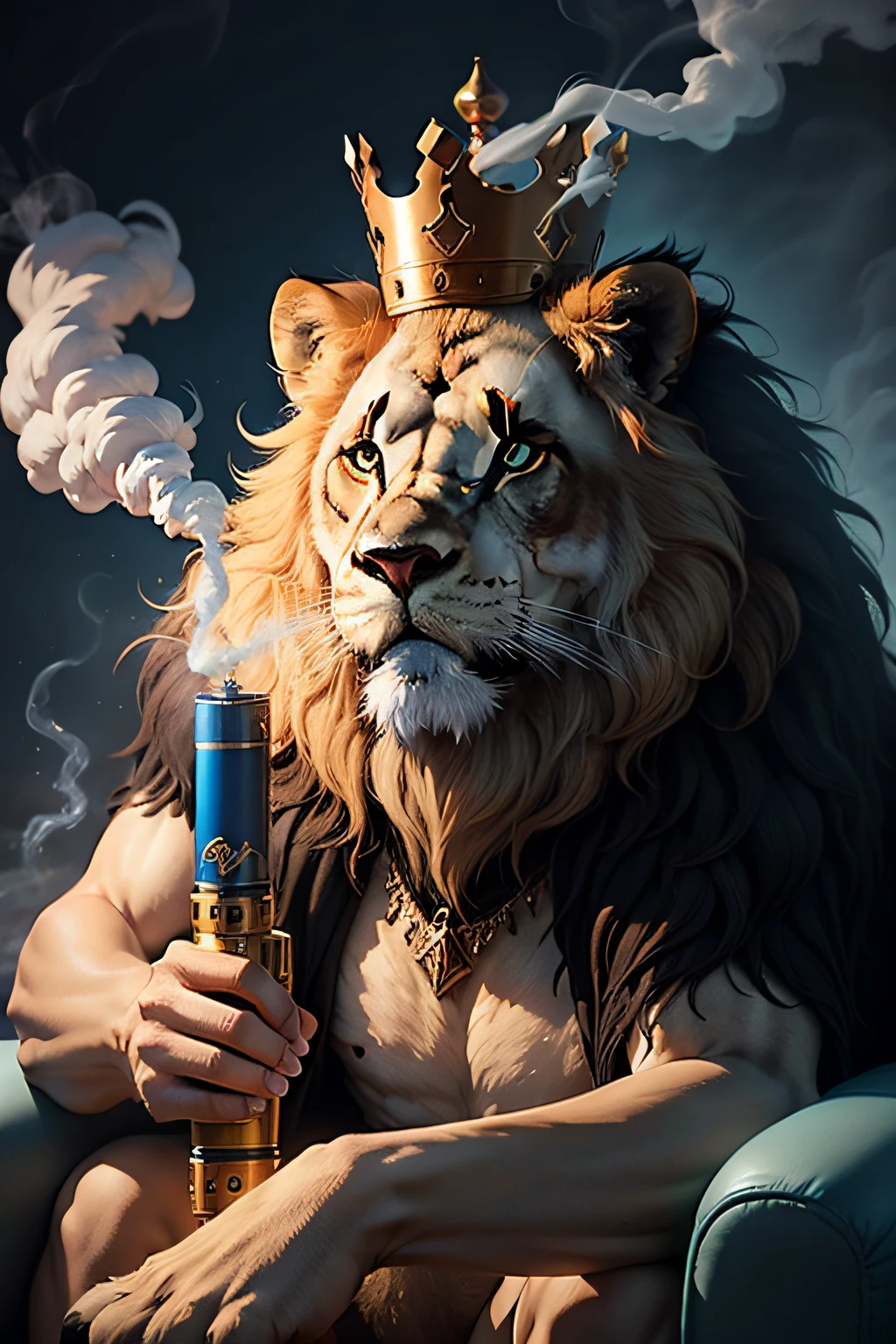 Lion wearing crown and smoking vape on a blue background , cinematico 8k