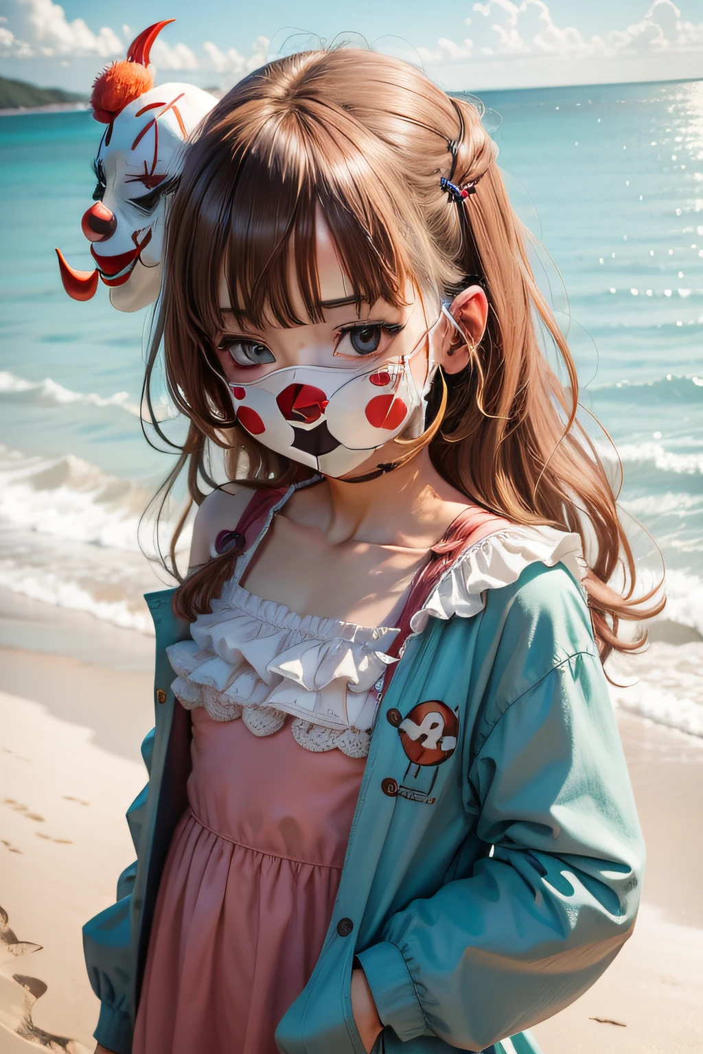 Anime girl and clown mask with background on beach