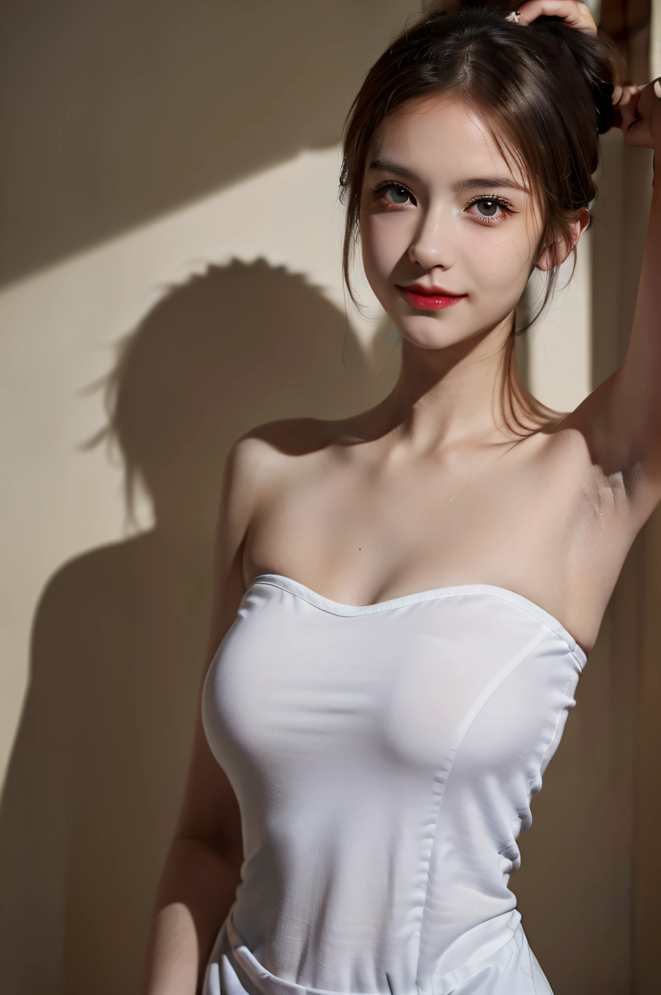 ((Girl with an armpit odor、Armpit discoloration due to armpit odor、Armpit、Show the armpits of both hands、I'm wearing only an apron、Sweaty glowing skin、Detailed armpit wrinkles、Girl with an armpit odor、、Naked in an apron、Armpit odor、gazing at viewer、A slight smil))、(A hyper-realistic), (illustratio), (high-detail), (8K), (high-detail), (The best illustrations), (beatiful detailed eyes), (top-quality), (ultra-detailliert), (Master masterpiece), (wall-paper), (详细的脸),full of sweat,Upper Body Up,hairarmpits,high-ponytail Hairstyle、red lipsticks、,Strapless Bra、one girls, ,Normal Size, (camel's toe)