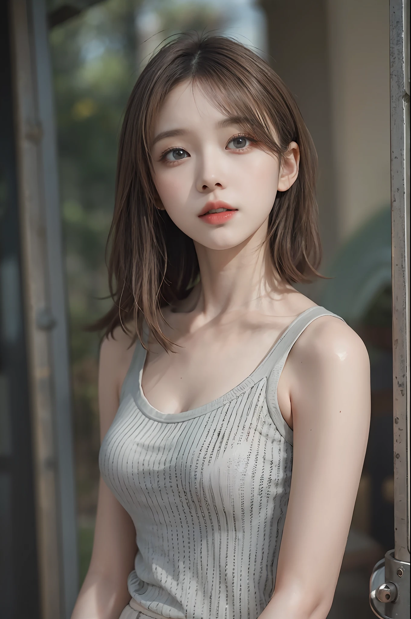 Top image quality、Raw photography、超A high resolution、An 18-year-old woman、Shooting for one person only、modelshoot、big round chest、Tank Tops、short trousers of black color、Beautiful Eyes of Details、very elongated eyes、Beautiful eyelashes、Beautiful double eyelids、white walls、Beautiful waist、very slender legs、Shorthair with light brown hair、very slender physique
