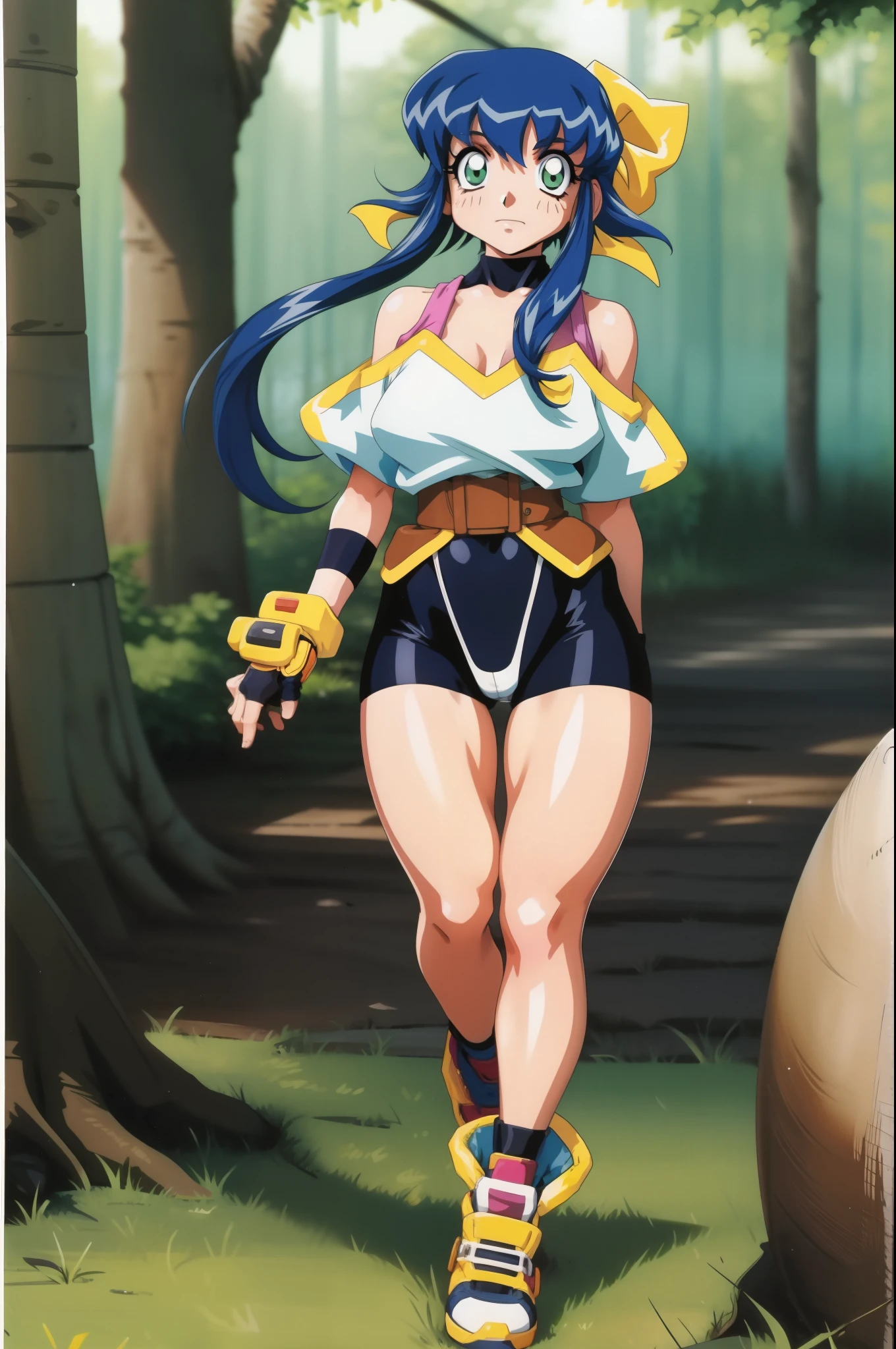 lime,spandex,green eyes,fingerless gloves,1990s (style),blue hair,retro artstyle,long hair,yellow bandana,bike shorts, full body, walking, forest