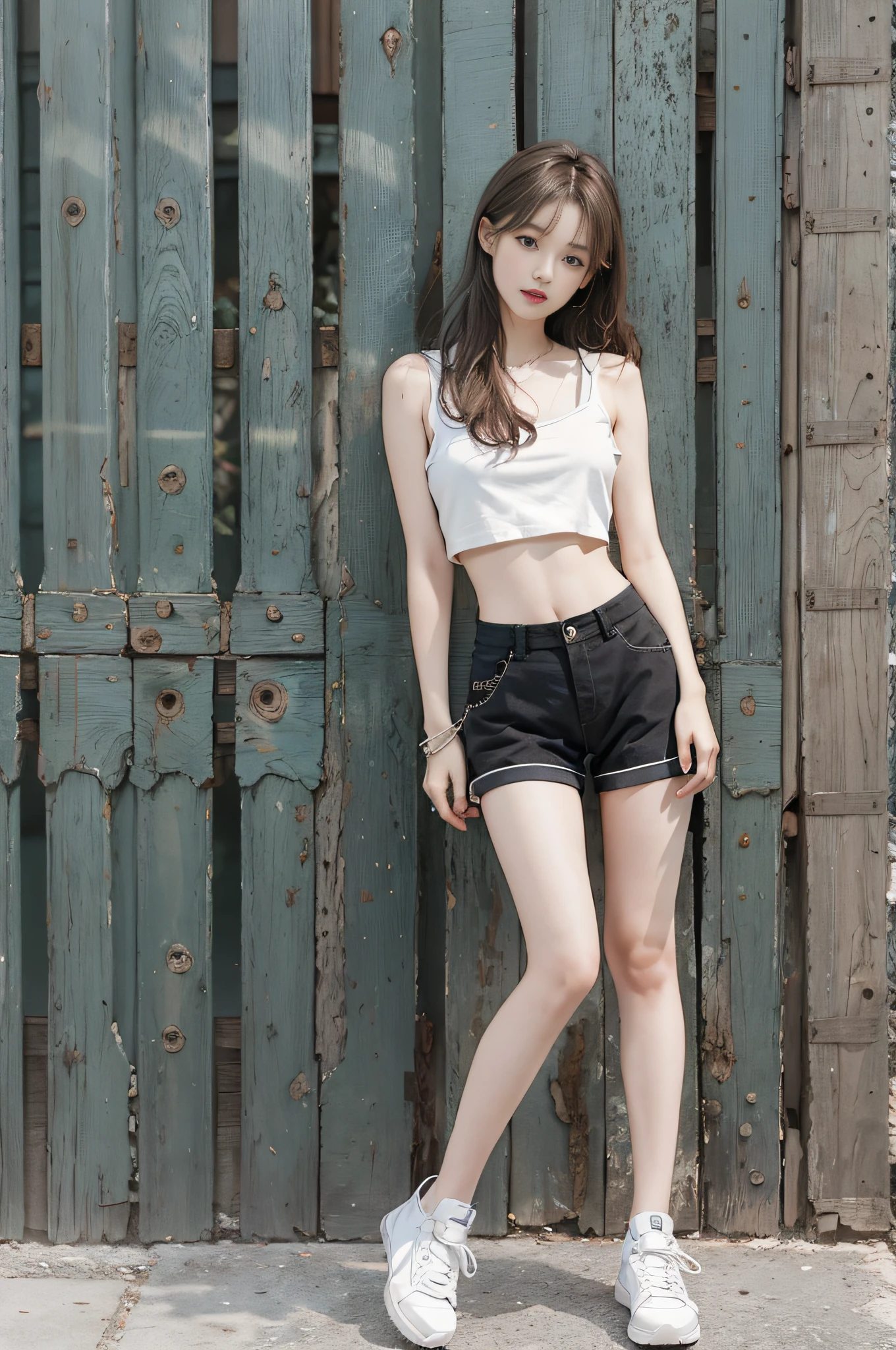 best quality, masterpiece level, intricate details, High-precision graphics, Ultra HD quality, Detailed shadows, wonderful atmosphere, dark background, shadow effect, local light, a beautiful girl, solo performance, The face and eyes are exquisite and detailed, Really fit the skin, black and white contrast scheme, High waist and slim leg lines, With shorts, (Sleeveless T-shirt top, full body demonstration),