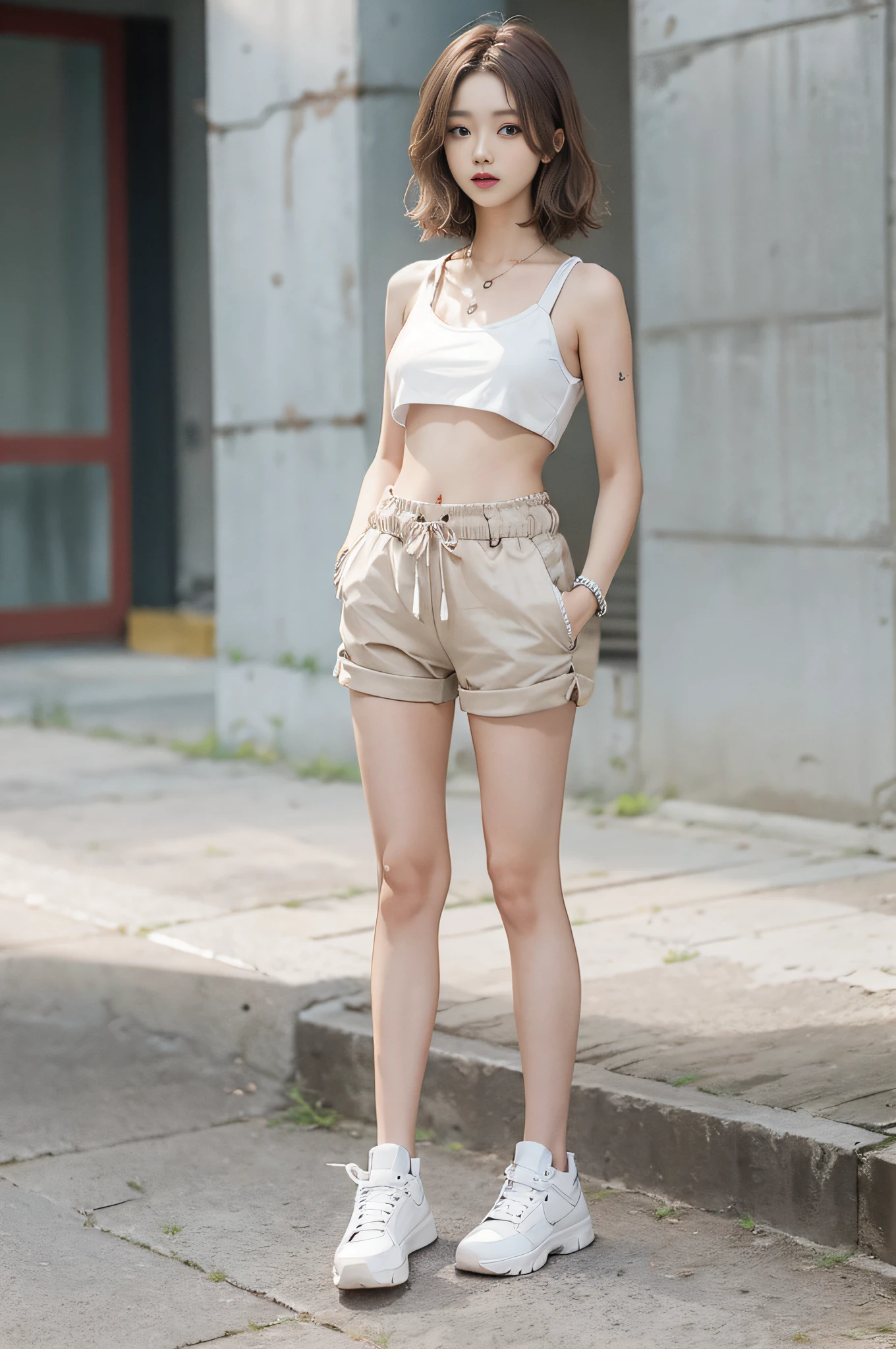 Top image quality、Raw photography、超A high resolution、An 18-year-old woman、Shooting for one person only、modelshoot、big round chest、Tank Tops、short trousers of black color、Beautiful Eyes of Details、very elongated eyes、Beautiful eyelashes、Beautiful double eyelids、white walls、Beautiful waist、very slender legs、Shorthair with light brown hair、very slender physique