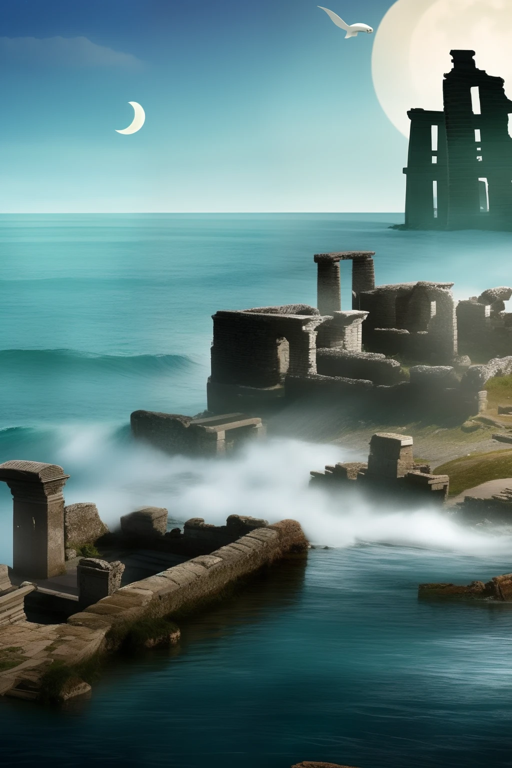 A coastal town under the moonlight, shrouded in mist and surrounded by turbulent tides, reveals ancient ruins and unnameable creatures emerging from the depths.