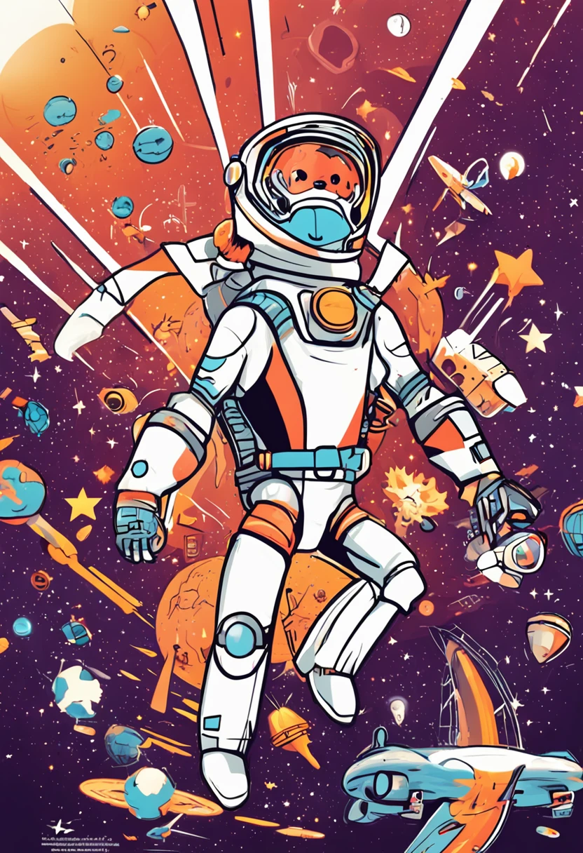Create an image that captures Cosmic Charlie, o mascote aventureiro de MoonShot Madness Coin, flying through cosmic expanse on a sleek rocket. As you navigate a galaxy teeming with stars, his eyes light up with excitement, e um rastro de poeira estelar segue seu caminho. The rocket is adorned with the MoonShot Madness Coin logo, and Charlie's expression reflects the determination to reach new heights in the crypto universe. The vibrant colors and cosmic backdrop symbolize the project's goal of achieving incredible gains and exploring uncharted territory