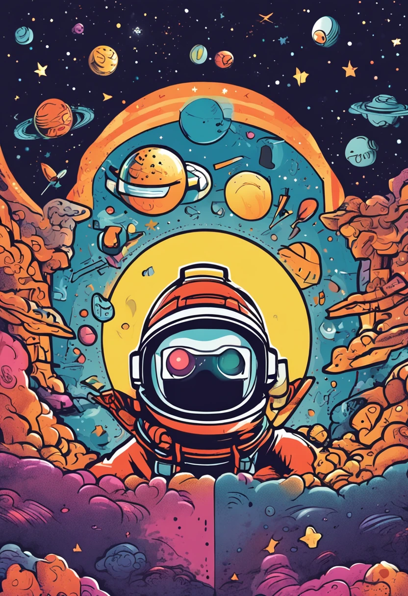 Create an image that captures Cosmic Charlie, o mascote aventureiro de MoonShot Madness Coin, flying through cosmic expanse on a sleek rocket. As you navigate a galaxy teeming with stars, his eyes light up with excitement, e um rastro de poeira estelar segue seu caminho. The rocket is adorned with the MoonShot Madness Coin logo, and Charlie's expression reflects the determination to reach new heights in the crypto universe. The vibrant colors and cosmic backdrop symbolize the project's goal of achieving incredible gains and exploring uncharted territory