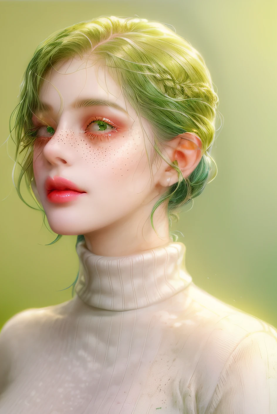 A woman wearing a green turtleneck sweater and a soft green background, pale skin dotted with freckles. Sus mejillas resaltan en tonos rosados suavemente armonizados con las pecas que las adornan, creating a beautiful symphony of green and pink colors. The turtleneck she wears accentuates the light freckles on her face, giving it a natural and elegant charm. Su cabello, en tonos verdes turquesa, cae con un flequillo, Complementing the color palette in a greenish harmony.
