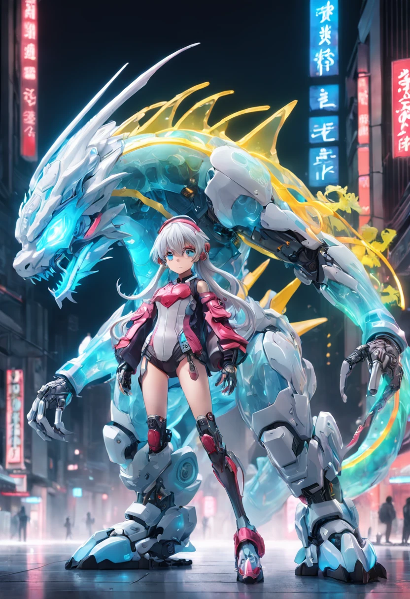 chinesedragon, (estilo de brinquedo da caixa cega:1.2), (tiro de corpo inteiro) , 1 Menina transparente,Behind him is a transparent Chinese dragon, Mech transparente, Capacete requintado:1.2, Glasses:1.2, Cyberpunk, brilho sonhador, luminous neon lights, limpo, fundo branco, ( global ilumination, Traching de raias, HDR, unreal render,Reasonable design, alto detalhe, master part, best quality, hiper HD, Cinematic lighting)