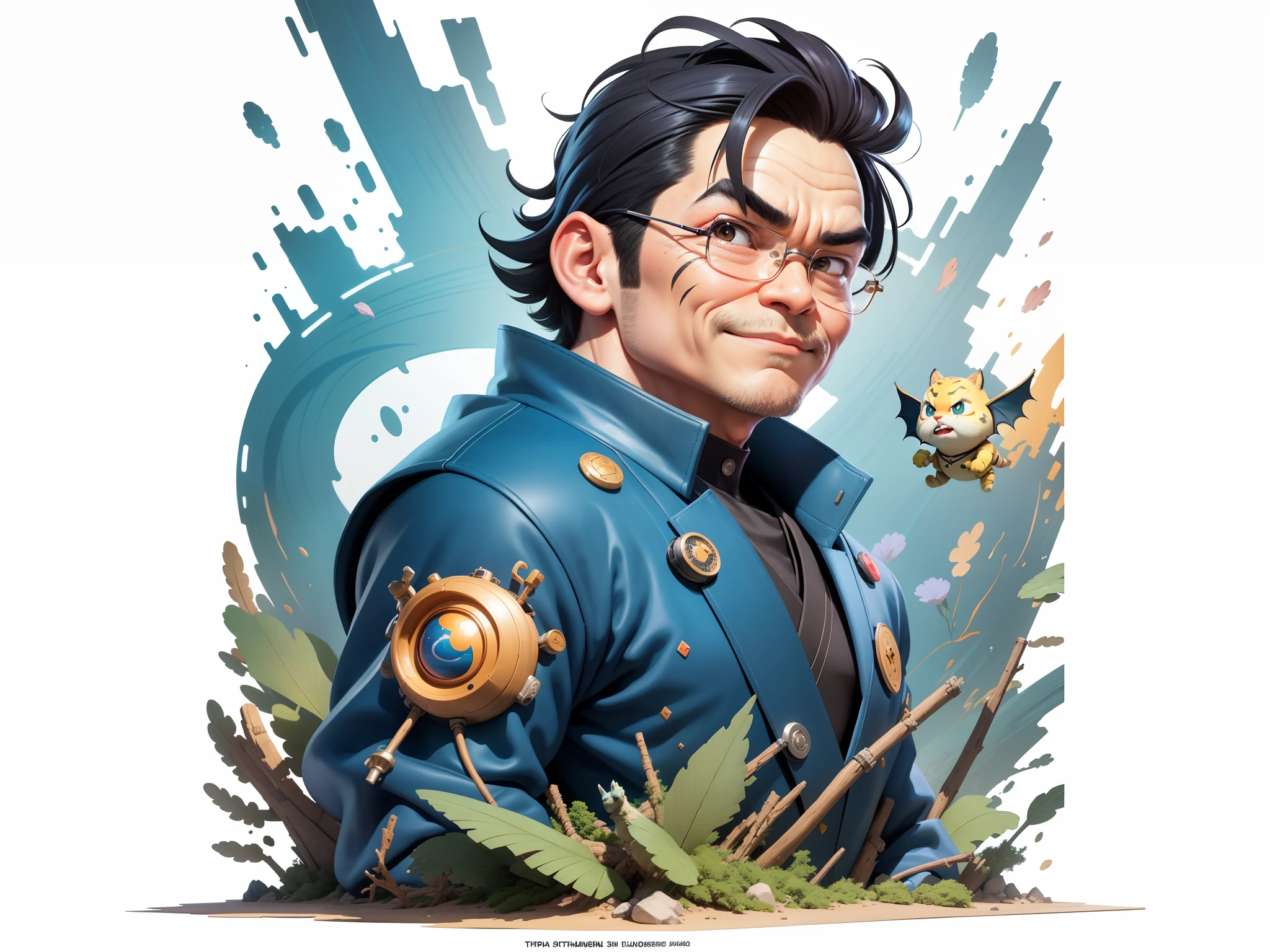 (Masterpiece), (Excellent), (Super Meticulous), (Full Body: 1.2), Super Young Man, Oriental Face, Japanese Kimono, Japanese Wind Thunder God, Dragon, Tiger, TV Anchor, Bust Portrait Illustration, Alone, Black Suit, Blue Tie, Slightly Chubby Face, Very Clean Face, No Beard, Black Super Short Hair, Black Eyes, Confident Smile, 3c Computer Sub-Products, iPad, iPhone, Digital Painting, 3D Character Design by Akira Toriyama and Mark Claireden and Pixar and Hayao Miyazaki, The illustration is a high-definition illustration in 4K resolution with very detailed facial features and cartoon-style visuals.