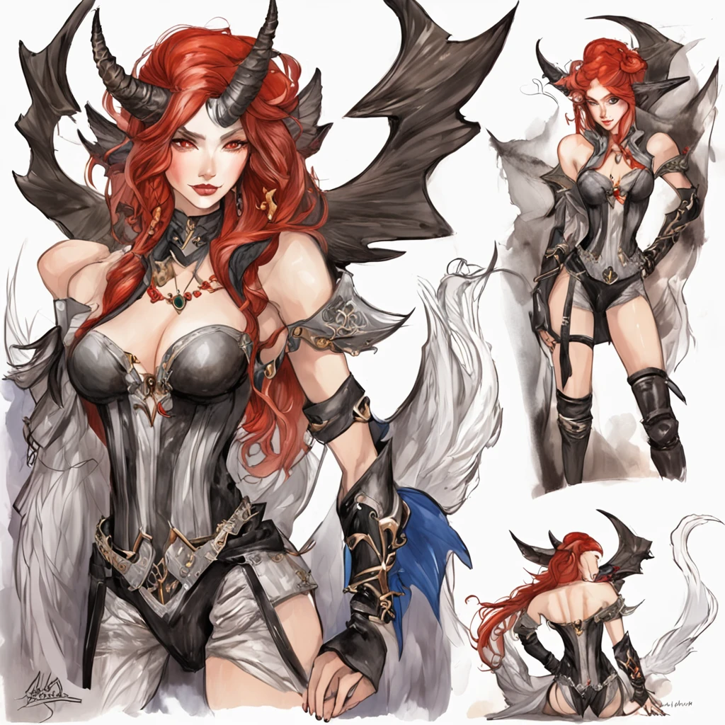 one woman, White skin, long white hair, one red lock of hair on the right side, (two thin and long black horns slightly curved inside, one blue eye and one brown eye, two small red dragon's wings, elf ears, dressed in skintight black leather, knee high black leather heeled boots, big brest, sitting on a "dragon's skull, full body,
