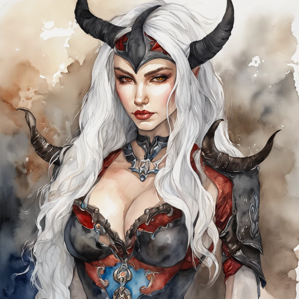 one woman, White skin, long white hair, one red lock of hair on the right side, (two thin and long black horns slightly curved inside, one blue eye and one brown eye, two small red dragon's wings, elf ears, dressed in skintight black leather, knee high black leather heeled boots, big brest, sitting on a "dragon's skull, full body,
