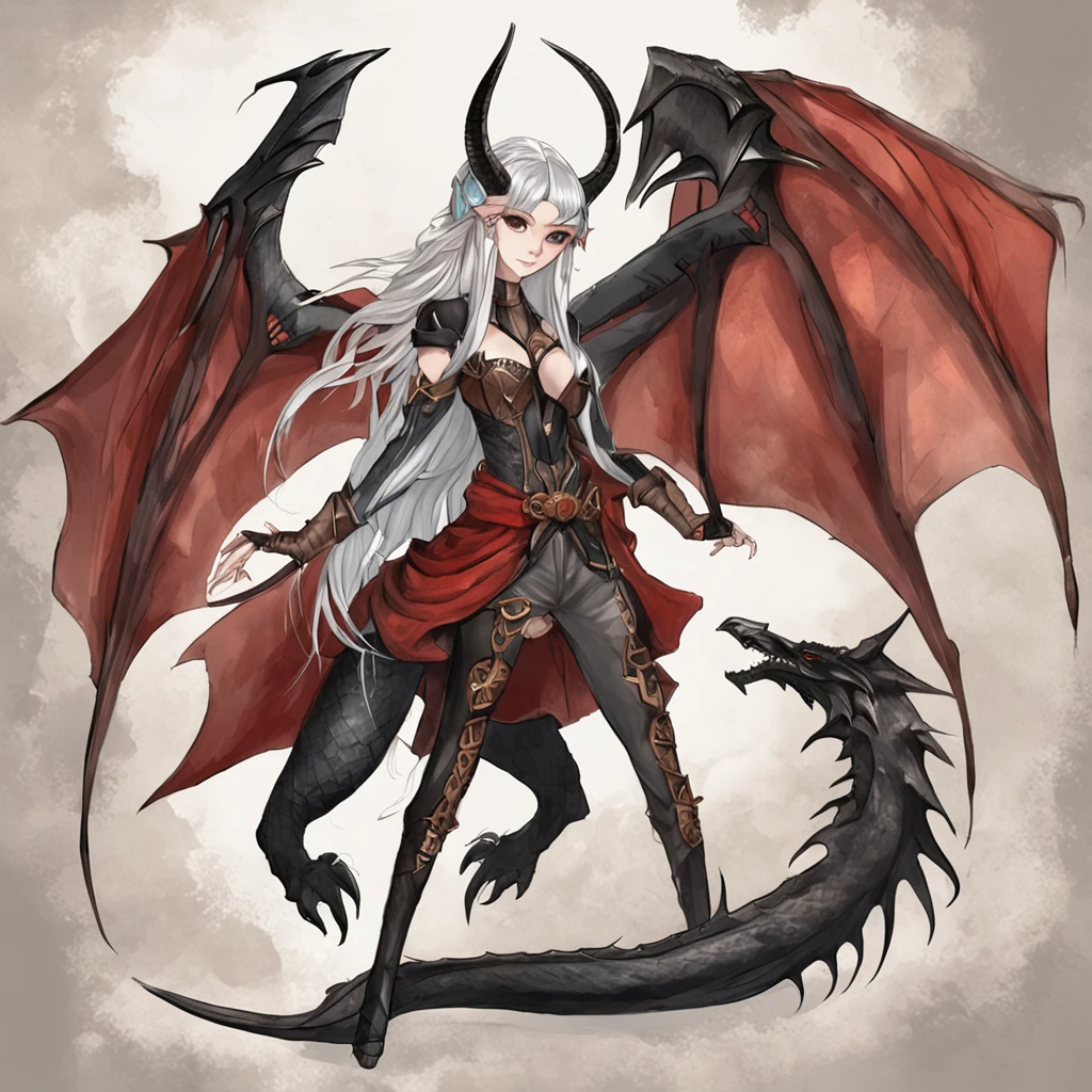 one woman, White skin, long white hair, one red lock of hair on the right side, (two thin and long black horns slightly curved inside, one blue eye and one brown eye, two small red dragon's wings, elf ears, dressed in skintight black leather, knee high black leather heeled boots, big brest, sitting on a "dragon's skull, full body,