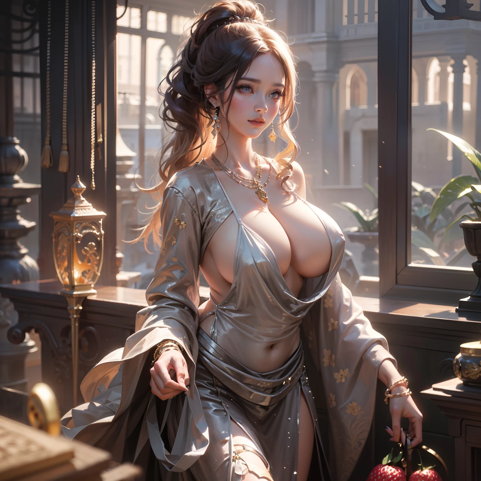 （hoang lap，high high quality，ultra - detailed，tmasterpiece，concept-art，fluency，Highly detailed artwork，uma pintura hiper-realista）dream magical，𝓡𝓸𝓶𝓪𝓷𝓽𝓲𝓬，vividness，Kizi，Pink big breasts，Strawberry shortbread character，adolable，full bodyesbian，Style Artgerm, ((cleavage)), ((huge tit)), Gorgeous background, (RAW photo:1.2),