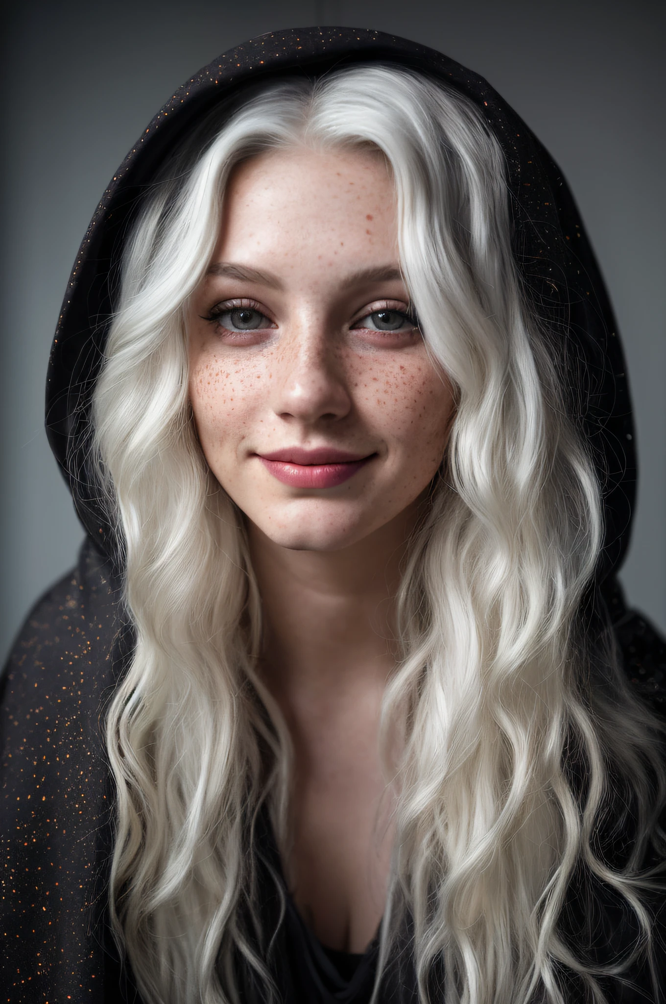 (close-up, editorial photograph of a 21 year old woman), (highly detailed face:1.4) (smile:0.7) (background inside dark, moody, private study:1.3) POV, by lee jeffries, nikon d850, film stock photograph ,4 kodak portra 400 ,camera f1.6 lens ,rich colors , redhead, hyper realistic ,lifelike texture, dramatic lighting , cinestill 800, wavy hair, messy hair, curls, smirk, malicious smile, white hair, freckles, platinum white hair, long hair, gray eyes, white skin, wearing a see through cloak, cloak made from the night sky, transparent cloak, beautiful lighting, daylight