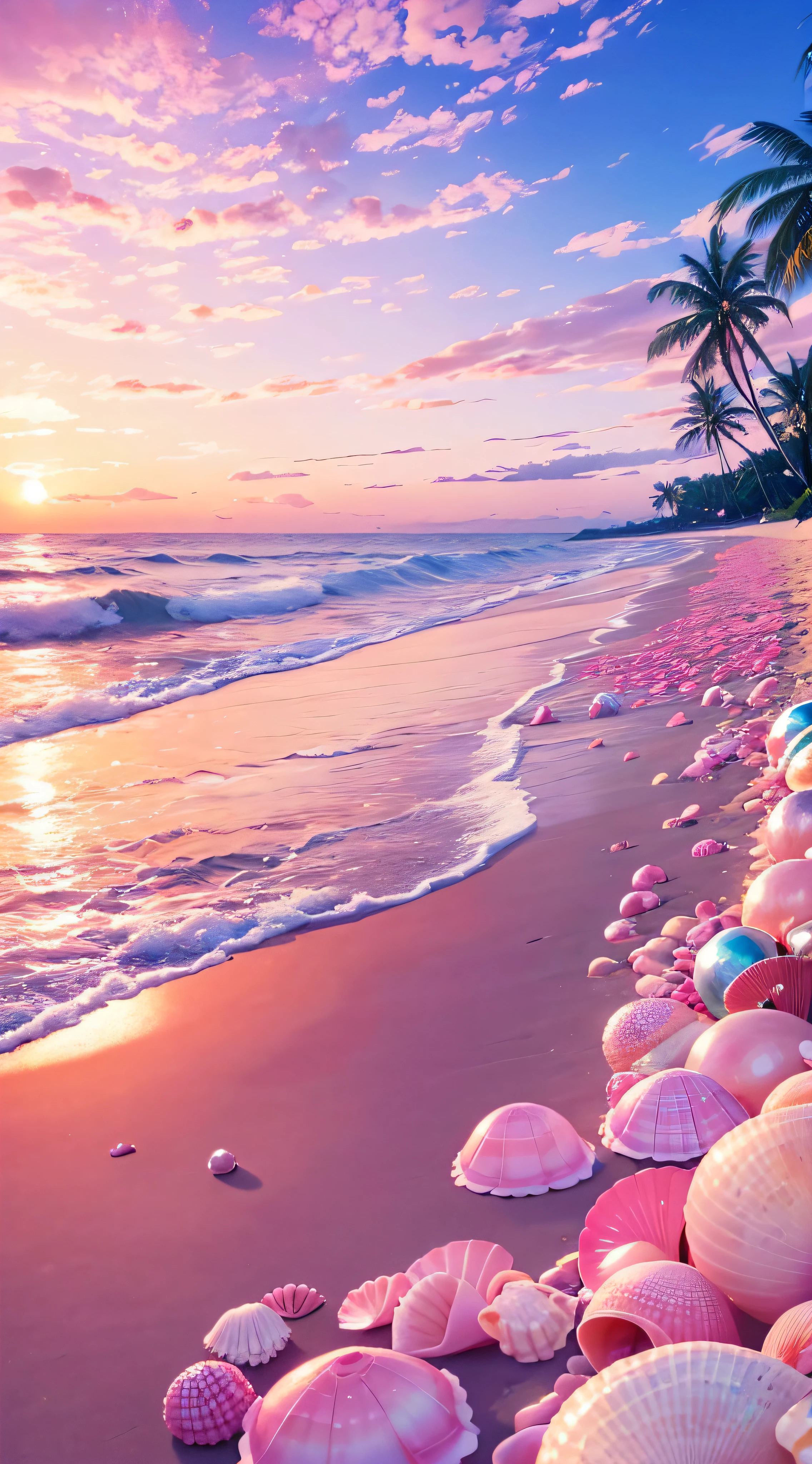 (8K, RAW photo, Best quality, masutepiece: 1.2), (Realistic, Realistic: 1.37) There are pink shells on the beach, there are waters, Pearlescent, pearls and shells, Soft spill, pearls, Pink jellyfish are everywhere, Soft 3D rendering, Ethereal bubbles, Bubble landscape, Elay shader, pastel pink, Pink reflections, Pearl Sky, shells, Paradise pink, Pastel colors, Pink pastels,