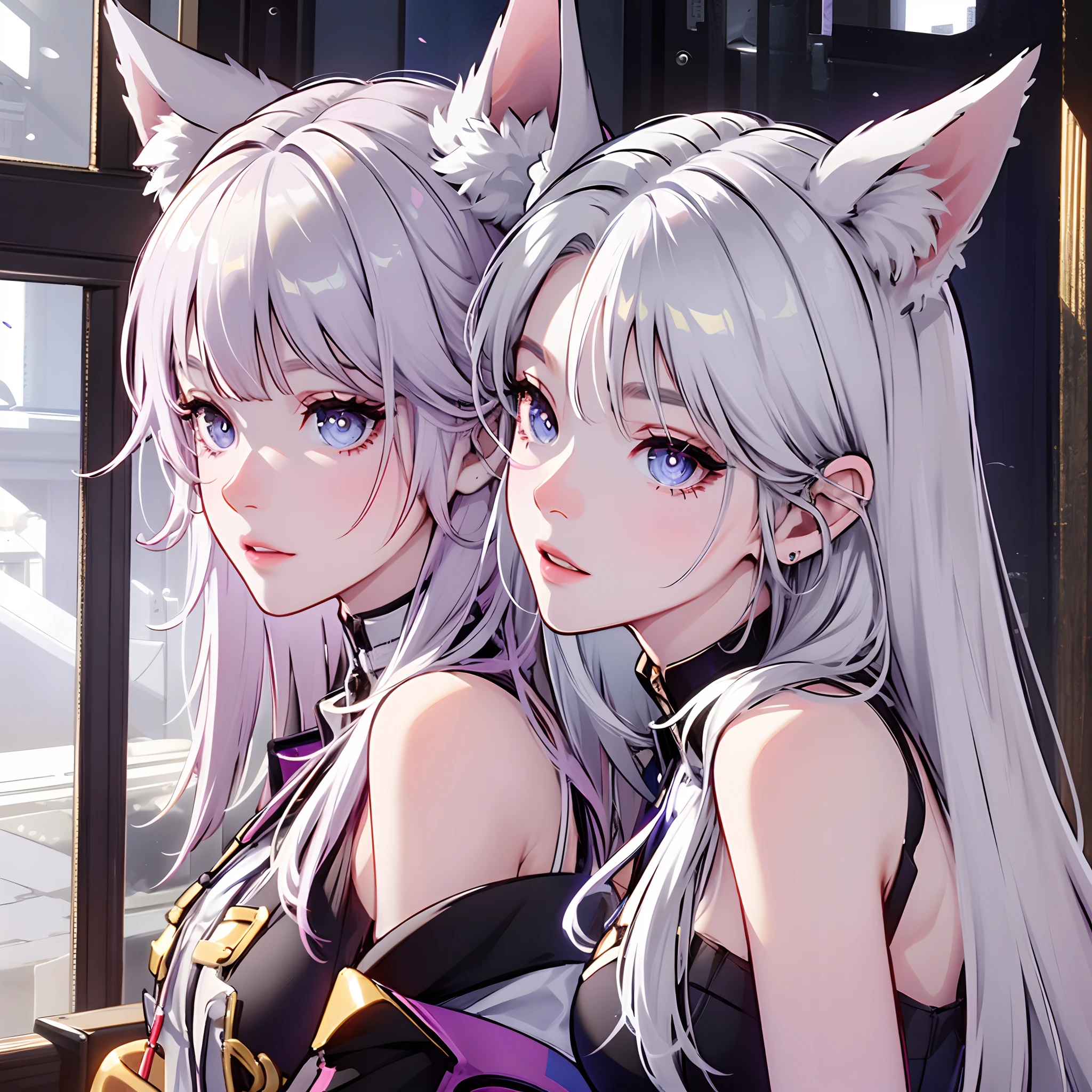 Masterpiece, best quality, photo realisticity, fox ears, beautiful girl, twins, white hair, 2 girls, super detailed face, hidden face, double eyelids, shiny skin