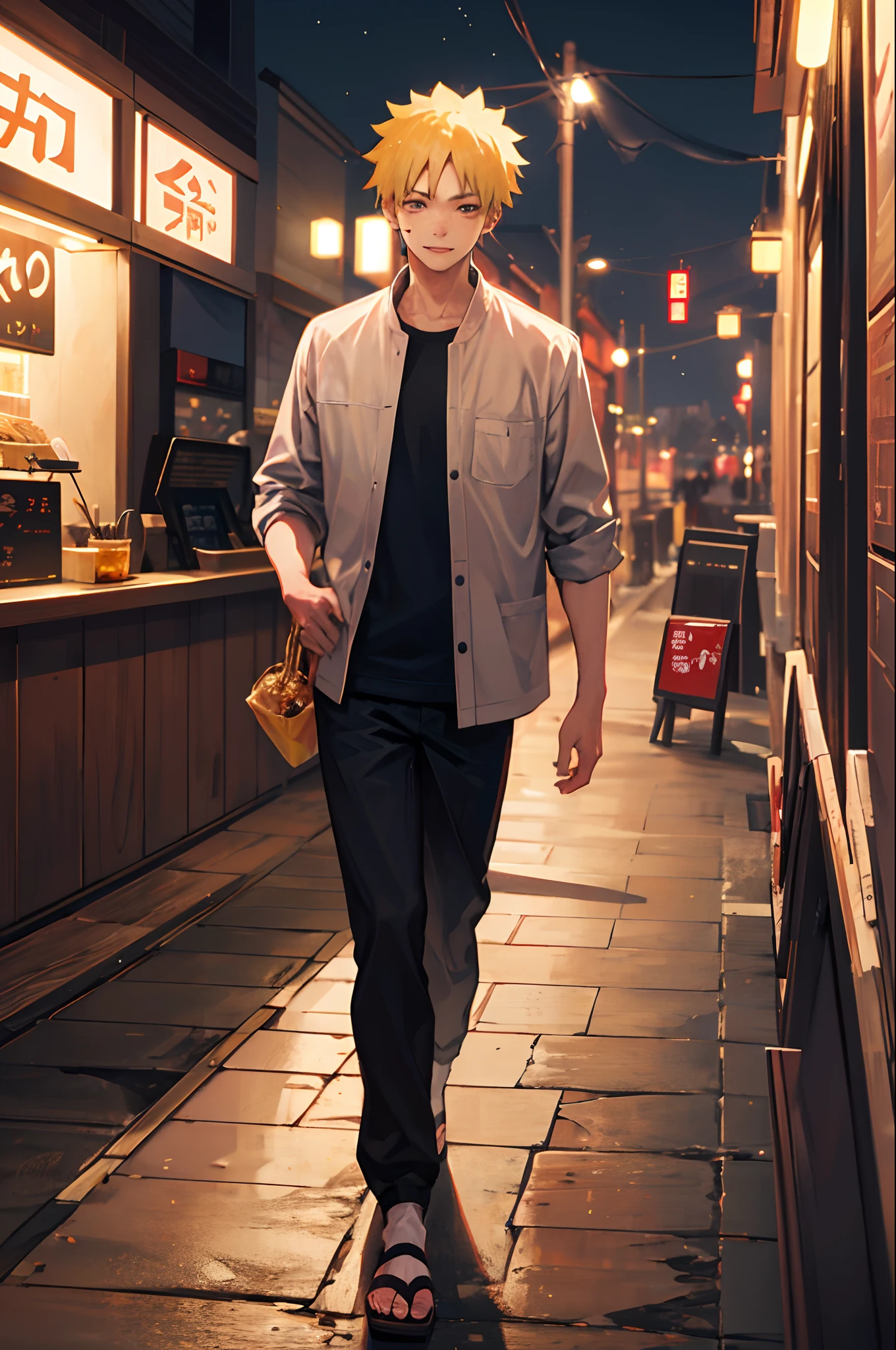 1boy, Naruto, (at the entrance of the ramen restaurant at night: 1.4), 8K HD, deserted no one, master masterpiece - high-quality images, exquisite