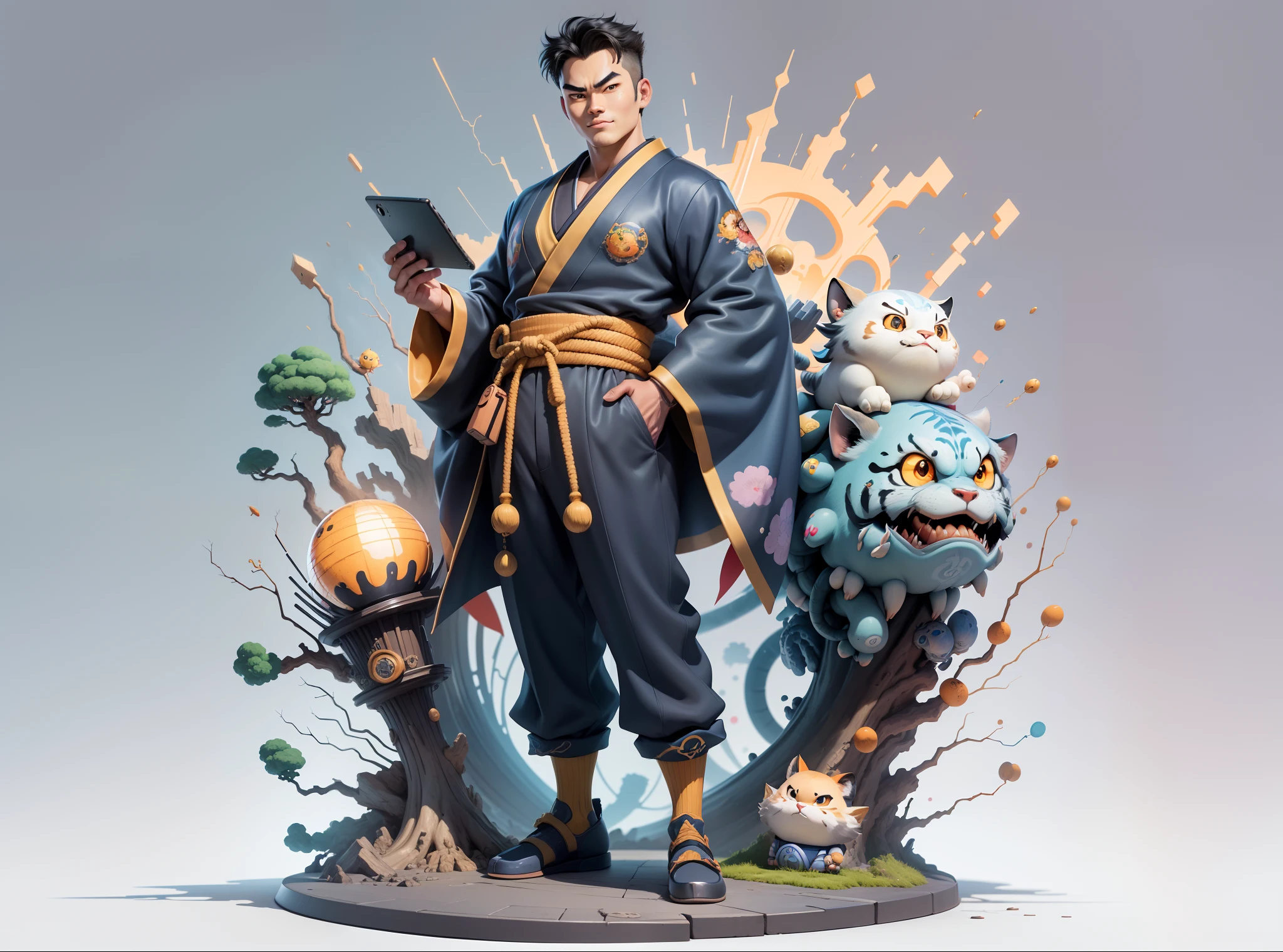 (Masterpiece), (Excellent), (Super Meticulous), (Full Body: 1.2), Super Young Man, Oriental Face, Japanese Kimono, Japanese Wind Thunder God, Dragon, Tiger, TV Anchor, Bust Portrait Illustration, Alone, Black Suit, Blue Tie, Slightly Chubby Face, Very Clean Face, No Beard, Black Super Short Hair, Black Eyes, Confident Smile, 3c Computer Sub-Products, iPad, iPhone, Digital Painting, 3D Character Design by Akira Toriyama and Mark Claireden and Pixar and Hayao Miyazaki, The illustration is a high-definition illustration in 4K resolution with very detailed facial features and cartoon-style visuals.