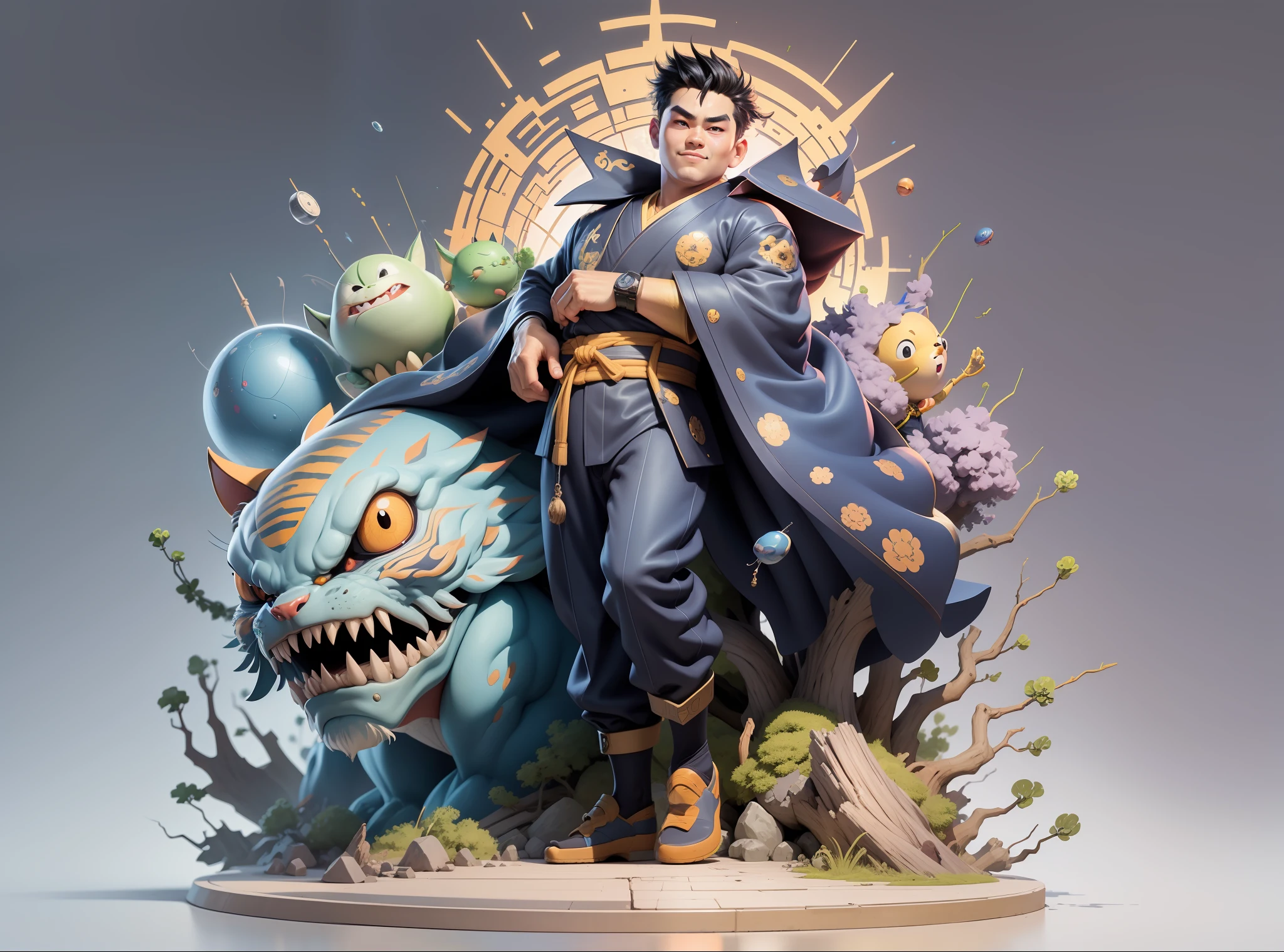 (Masterpiece), (Excellent), (Super Meticulous), (Full Body: 1.2), Super Young Man, Oriental Face, Japanese Kimono, Japanese Wind Thunder God, Dragon, Tiger, TV Anchor, Bust Portrait Illustration, Alone, Black Suit, Blue Tie, Slightly Chubby Face, Very Clean Face, No Beard, Black Super Short Hair, Black Eyes, Confident Smile, 3c Computer Sub-Products, iPad, iPhone, Digital Painting, 3D Character Design by Akira Toriyama and Mark Claireden and Pixar and Hayao Miyazaki, The illustration is a high-definition illustration in 4K resolution with very detailed facial features and cartoon-style visuals.