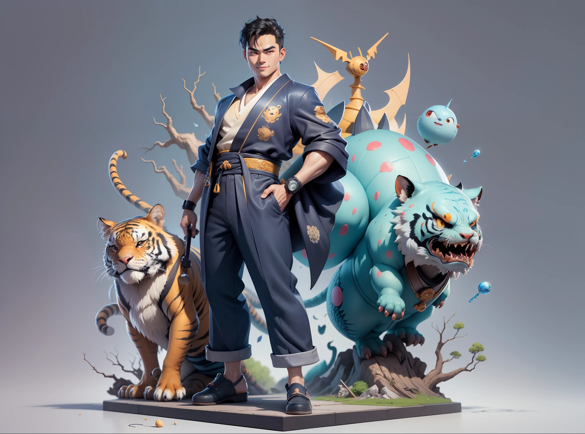 (Masterpiece), (Extreme Quality), (Super Meticulous), (Full Body: 1.2), Super Young Man, Chinese Dragon, Tiger, Wind God Thor, Sexy, Bursting, Oriental Face, TV Anchor, Bust Portrait Illustration, Black Formal Suit, Blue Tie, Slightly Chubby Face, Silver Glasses, Very Clean Face, No Beard on Chin, Black Super Short Hair, Black Eyes, Confident Smile, 3c Computer Sub-Products, iPad, iPhone, Digital Painting, 3D Character Design by Mark Claireden and Pixar and Hayao Miyazaki and Akira Toriyama, The illustration is a high-definition illustration in 4K resolution with very detailed facial features and cartoon-style visuals.