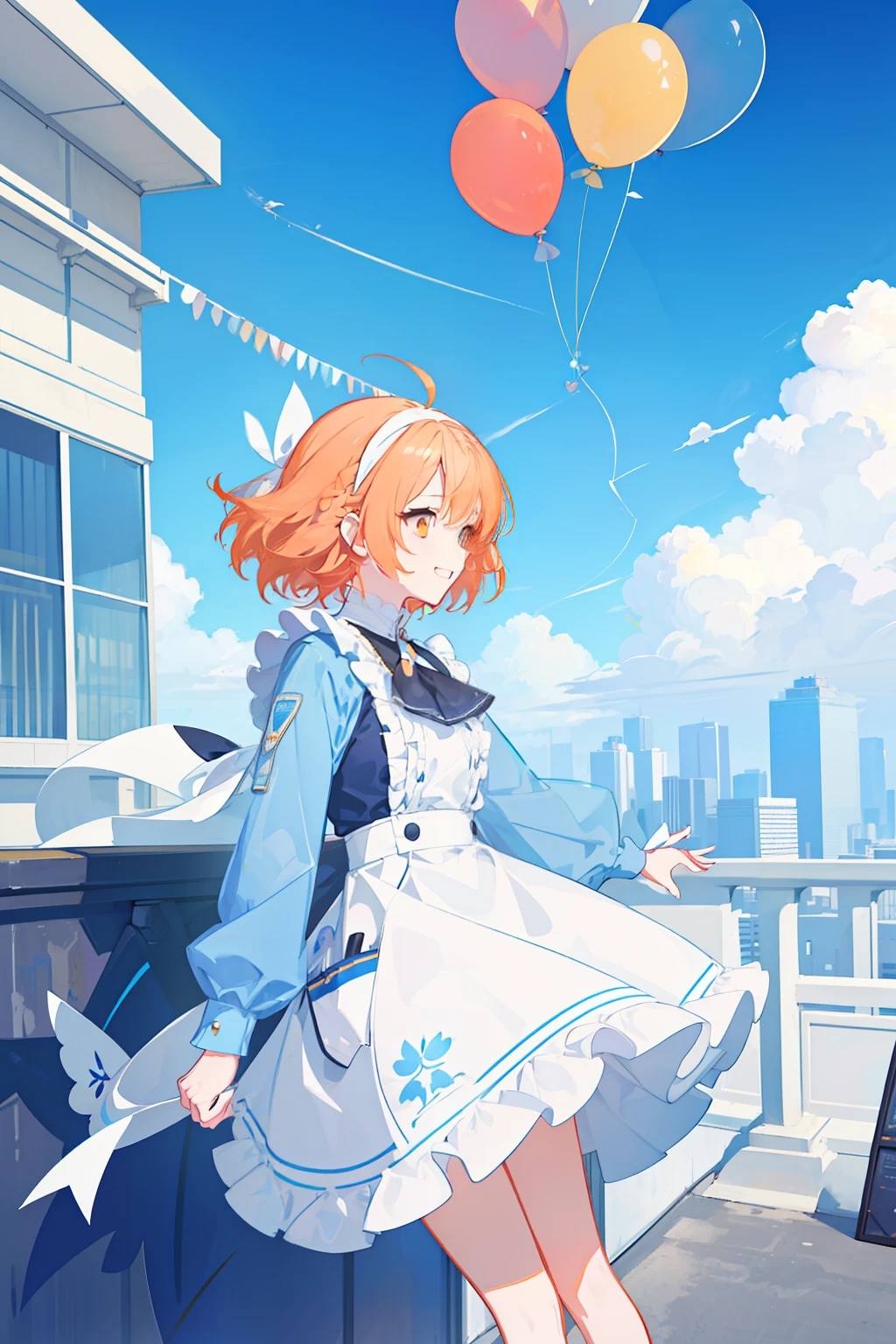 masterpiece, best quality, 1girl, solo, orange hair, short hair, shoulder-length hair, straight hair, orange eyes, round eyes,, ((sky blue apron dress)), ((long sleeves)), knee-length dress, frills, (((white ribbon hair band))), On the roof of a building, leaning against the fence on the roof, overlooking the road, as close as it might fall in the noon, blue sky, clear sky, many balloons, orange balloons, laughing