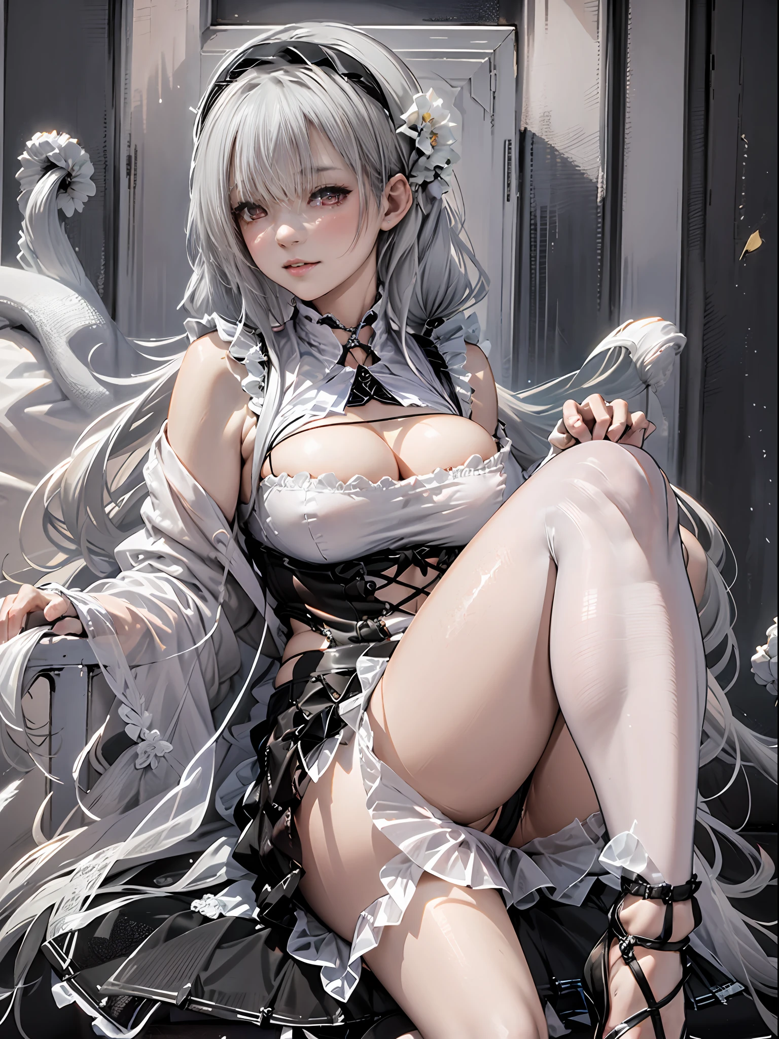 （Enrich the picture，Masterpiece level quality）Beautiful 8K CG artwork，Goddess-like posture，Sitting in the cabin of an airplane，Postural exercises，Slim and soft，Translucent skin，Silver hair、The beauty of extra-long hair, Super Long Straight Hair，The skin is fair and juicy，Big  lingerie miniskirt uniform，Perspective Part 1.2x enhanced silhouette effect，Exquisite transparent blues pattern in pajamas，The details are intricate and exquisite，The background is slightly blurred，Charming and  leg seduction，Drool，K cup big breasts，Blush，Japan goddess，Perfect body slim curves，Cabin scene，Lace panties can be seen，spread their legs，