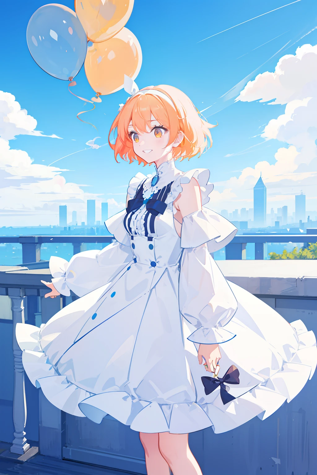 masterpiece, best quality, 1girl, solo, orange hair, short hair, shoulder-length hair, straight hair, orange eyes, round eyes,, ((sky blue apron dress)), ((long sleeves)), knee-length dress, frills, (((white ribbon hair band))), On the roof of a building, leaning against the fence on the roof, overlooking the road, as close as it might fall in the noon, blue sky, clear sky, very many balloons, colorful balloons, full of balloons in the air, laughing