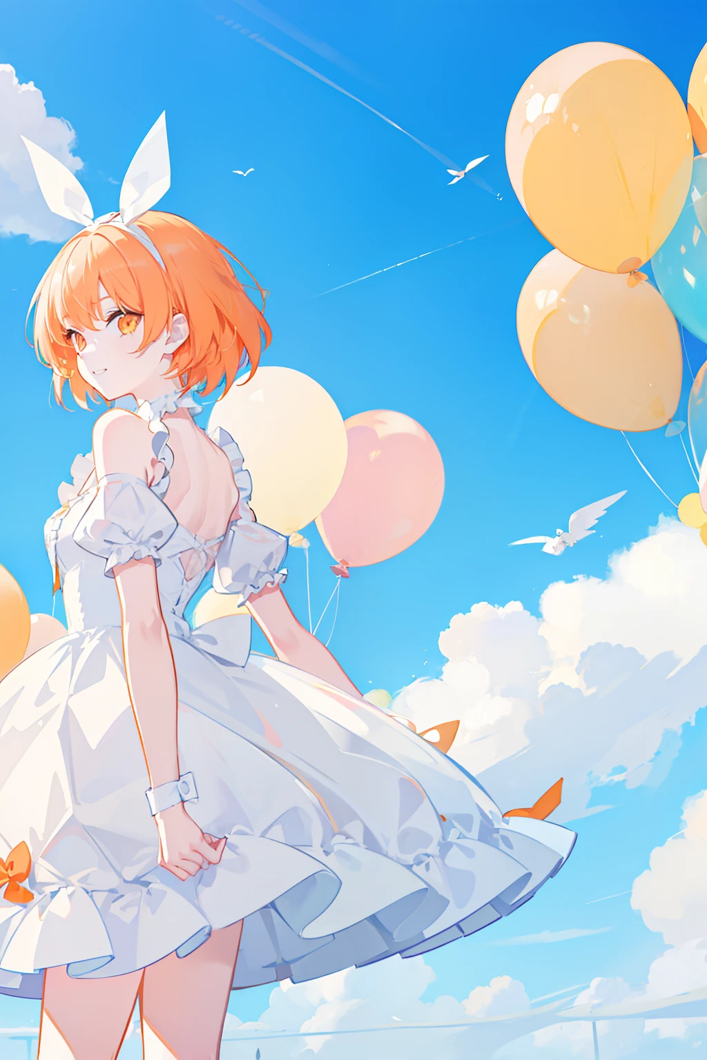 masterpiece, best quality, 1girl, solo, orange hair, short hair, shoulder-length hair, straight hair, orange eyes, round eyes, ((white ribbon hair band)), alice in wonderland dress, frills, in the amusement park, in the noon, blue sky, clear sky, many balloons, orange balloons