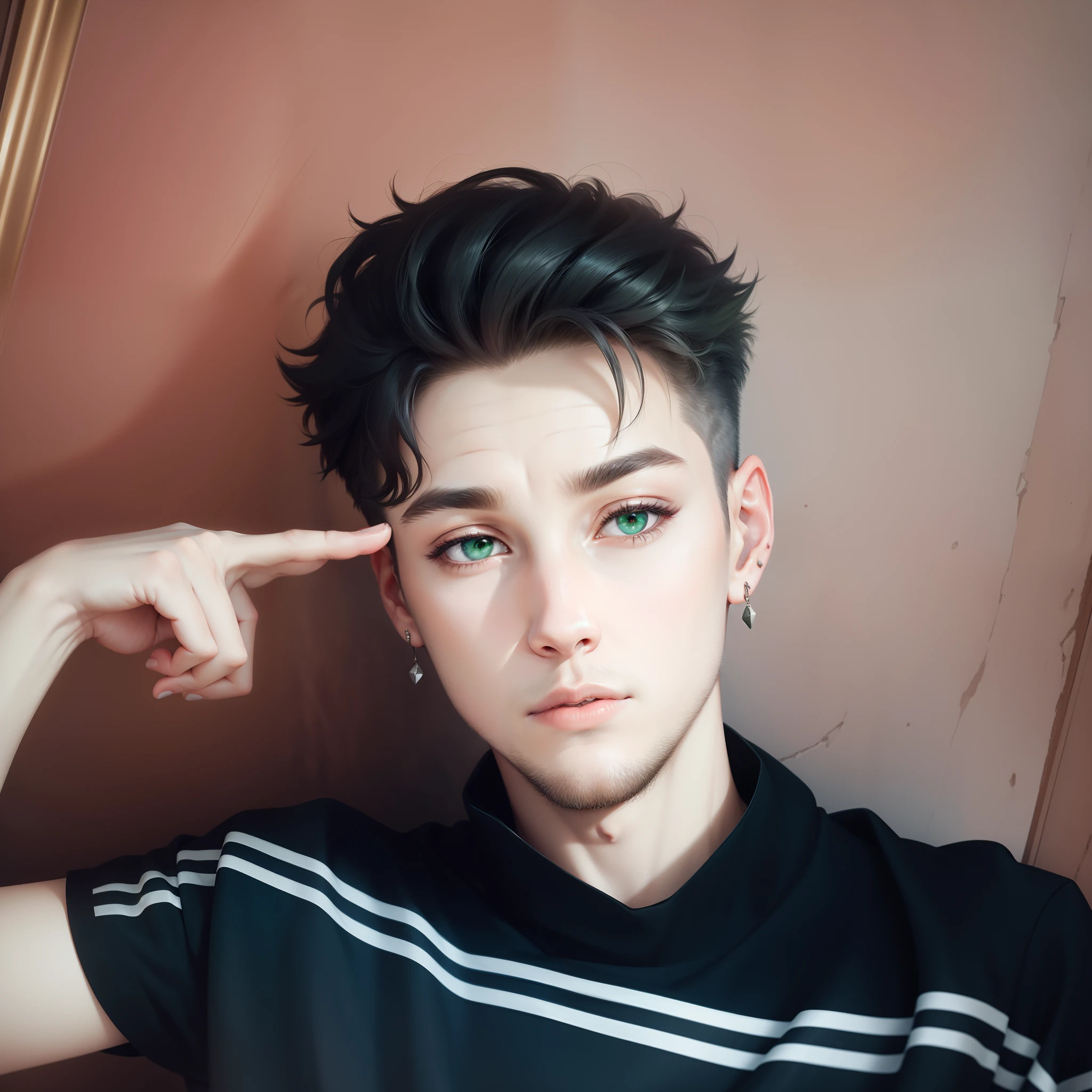 1boy, portrait, earrings, solo,lips, male focus, green eyes, looking at viewer, grey hair, short hair, closed mouth, ultra realistic
