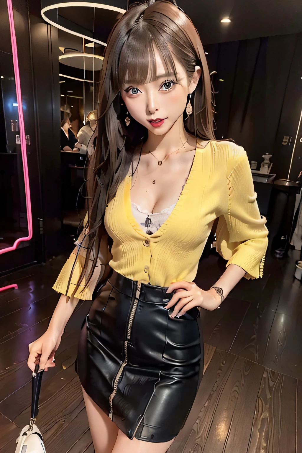 (top-quality、in 8K、Photorealsitic:1.6、超A high resolution)、surrealistic、natta、Natural light、1little girl、24 year old、Height 1.7m、delicated face、Beautiful Japan model、(smaller face:1.4)、Brown eyes、An ultra - realstic face、Slender style、Dynamic angles、dynamicposes、(Yuki's Face)、Gorgeous long-haired、Beautiful wavy brown hair、(Smaller chest;1.4)、(narrow waists:1.2)、Thin leg、long legged、Fashionable、(white extremely short cropped tops,)、(((Neon colored sheer three-quarter sleeve cardigan、Black long tight skirt up to the ankles、Slit to the groin)))、High Heel Ribbon Sandals、Naughty smile、full bodyesbian、Stick out your tongue、Lick your own fingers、SEX while wearing clothes、Ecstatic look、View here、(((Neon colored panties)))、crouching down、Hands on the floor、back view、gal.safetensors、lpskirt、short_lpskirt、medium_lpskirt、long_lpskirt、longest_lpskirt、latex_lpskirt、leather_lpskirt、cotton_lpskirt、high_waist_lpskirt、zipper_lpskirt、 laced_lpskirt、flared_lpskirt、side_slit_lpskirt、front_slit_lpskirt、back_slit_lpskirt、hobble_lpskirt